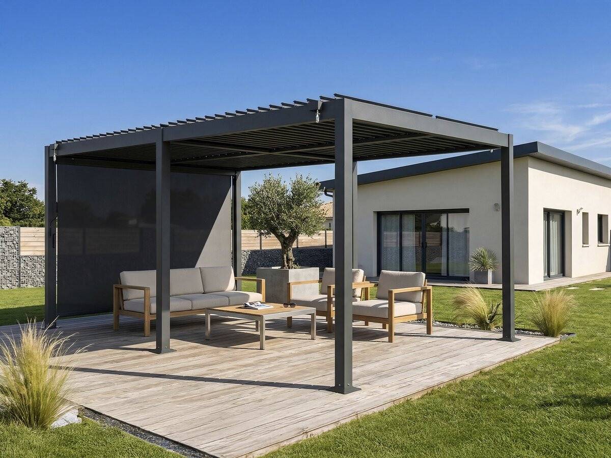 Pergola Bioclimatique Avec Store En Aluminium "kensington" - 3 X 5 M - Gris -habitat Et Jardin - Image 2