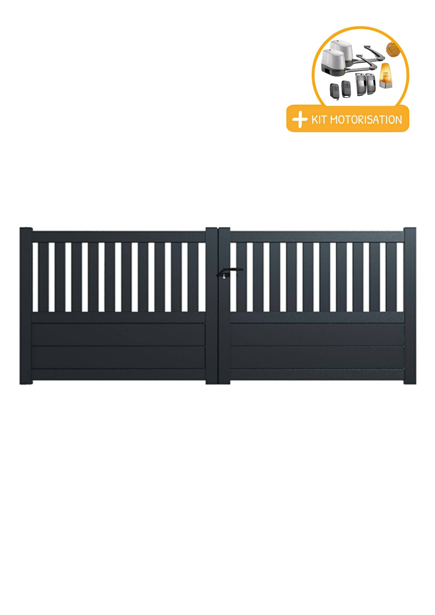 Portail Packit - Portail alu battant semi-ajouré en kit +MOT dim. L.3500 (entre piliers) X H.1300 mmMOT LOCKYVIA (à bras)  Gris (RAL 7016)