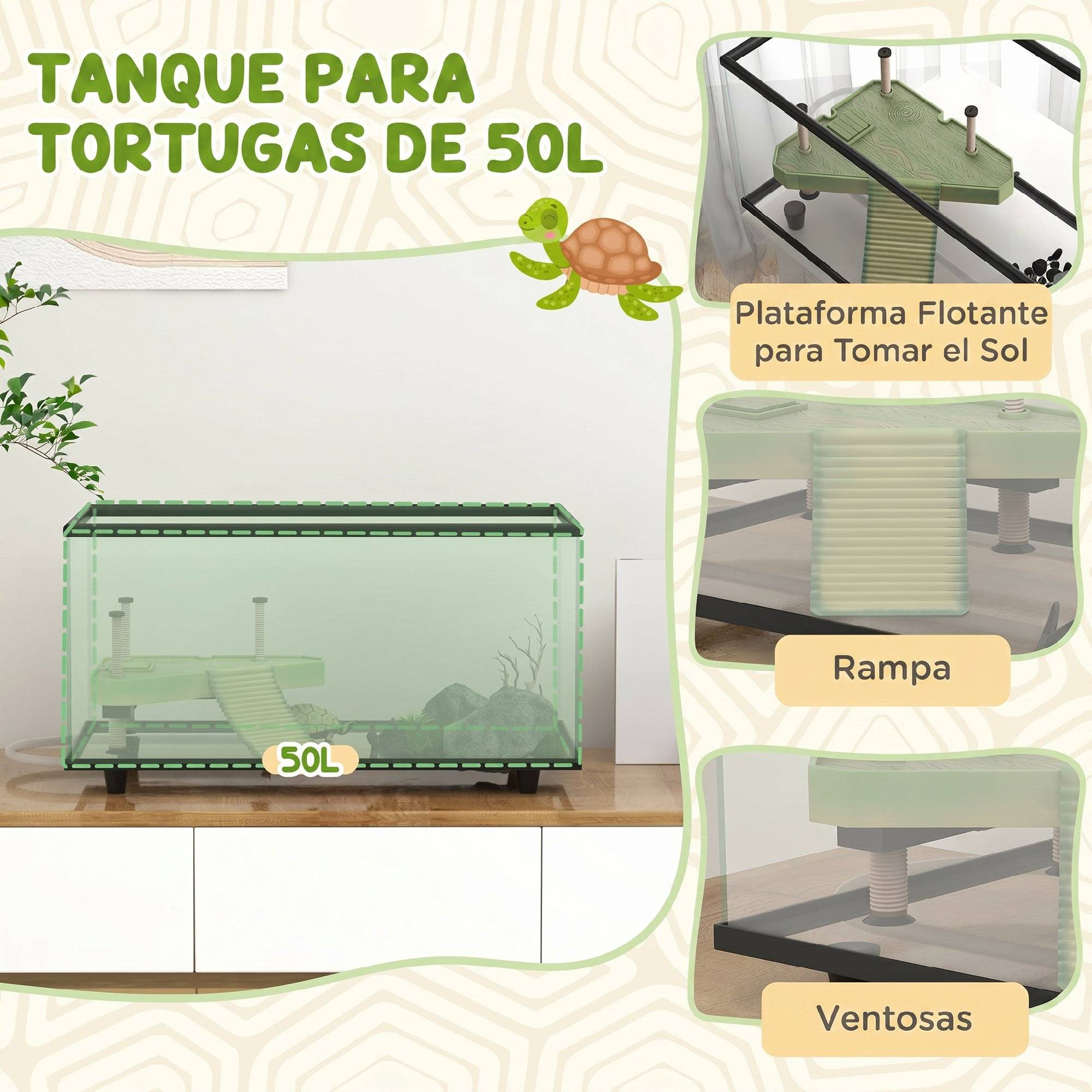 Aquarium pour tortues 50L, terrarium pour petites tortues avec plateforme et rampe, 60x30x32 cm, transparent - Image 6