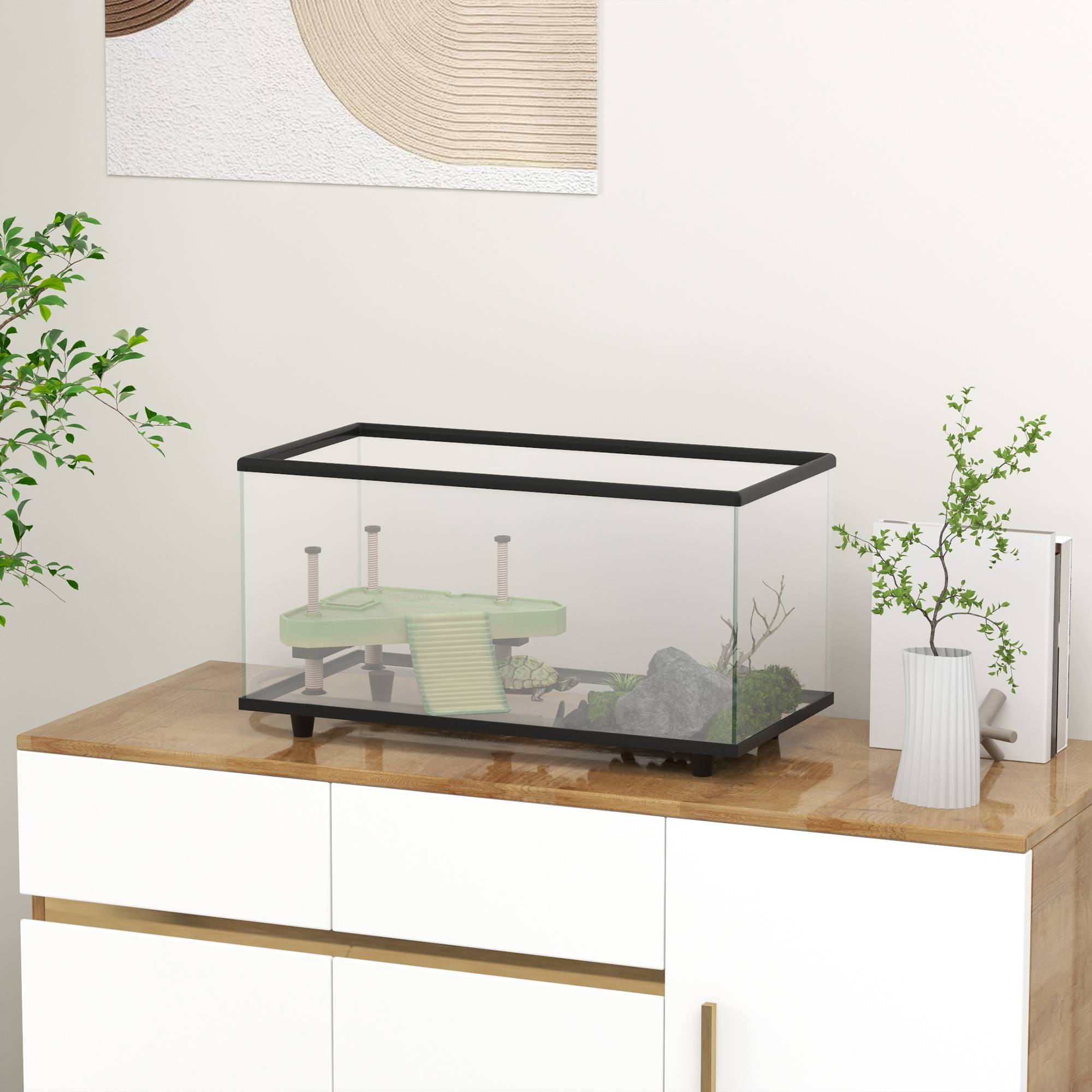 Aquarium pour tortues 50L, terrarium pour petites tortues avec plateforme et rampe, 60x30x32 cm, transparent - Image 3