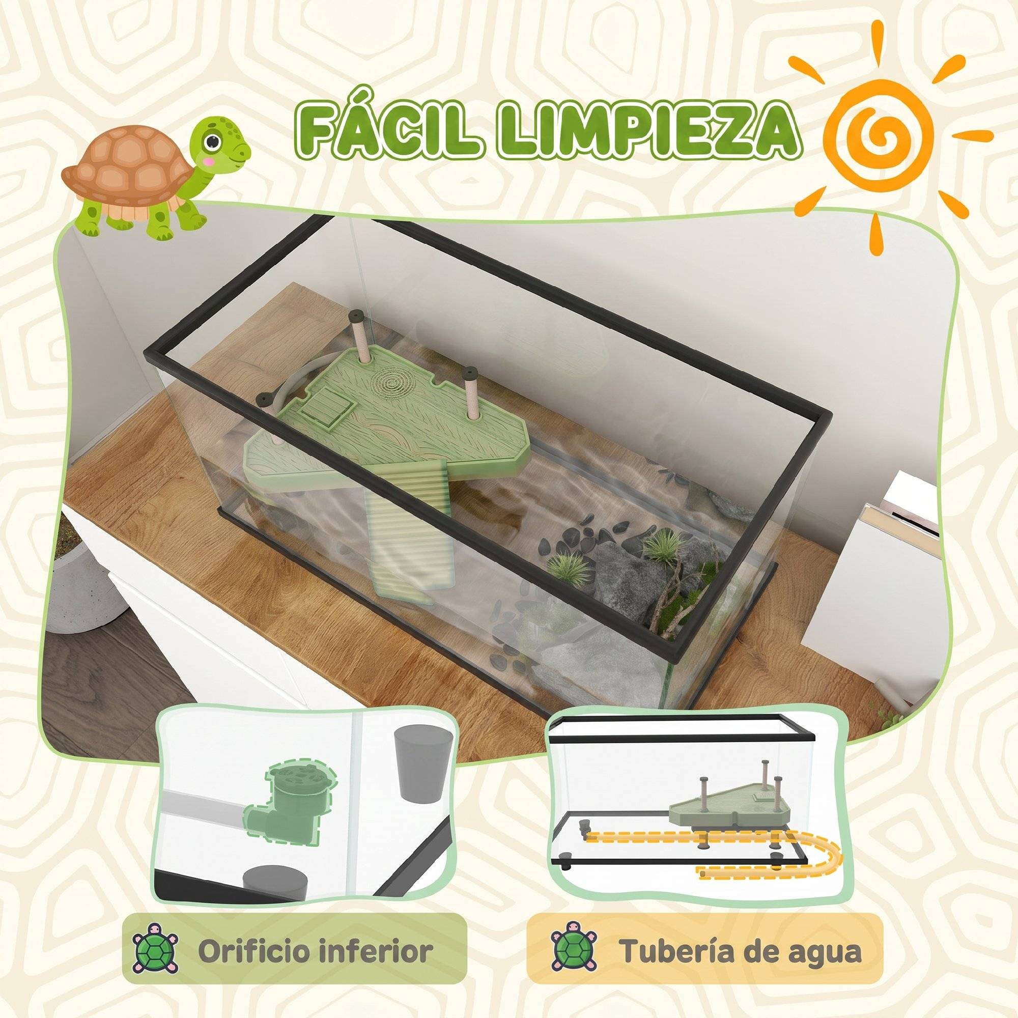 Aquarium pour tortues 50L, terrarium pour petites tortues avec plateforme et rampe, 60x30x32 cm, transparent - Image 7