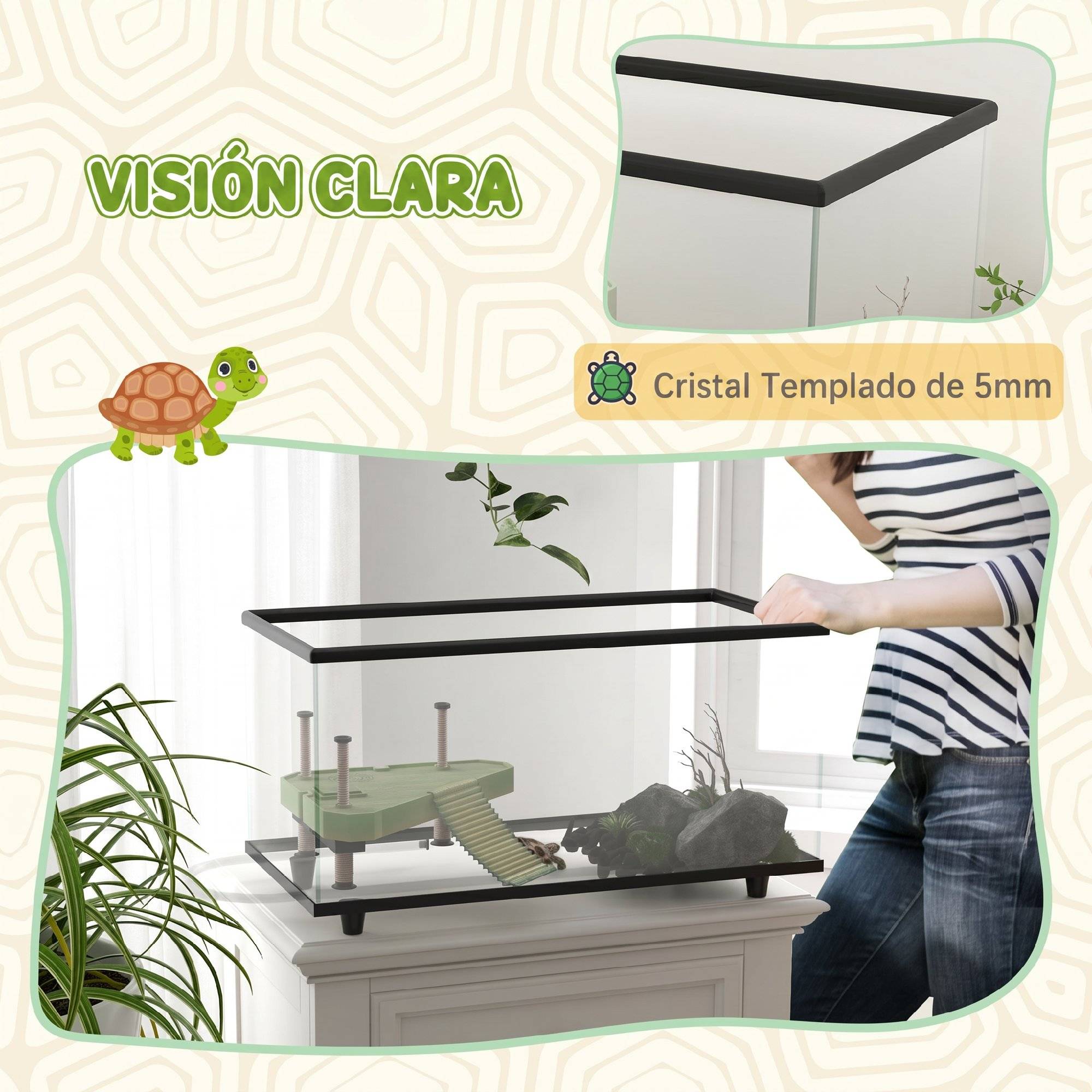 Aquarium pour tortues 50L, terrarium pour petites tortues avec plateforme et rampe, 60x30x32 cm, transparent - Image 8