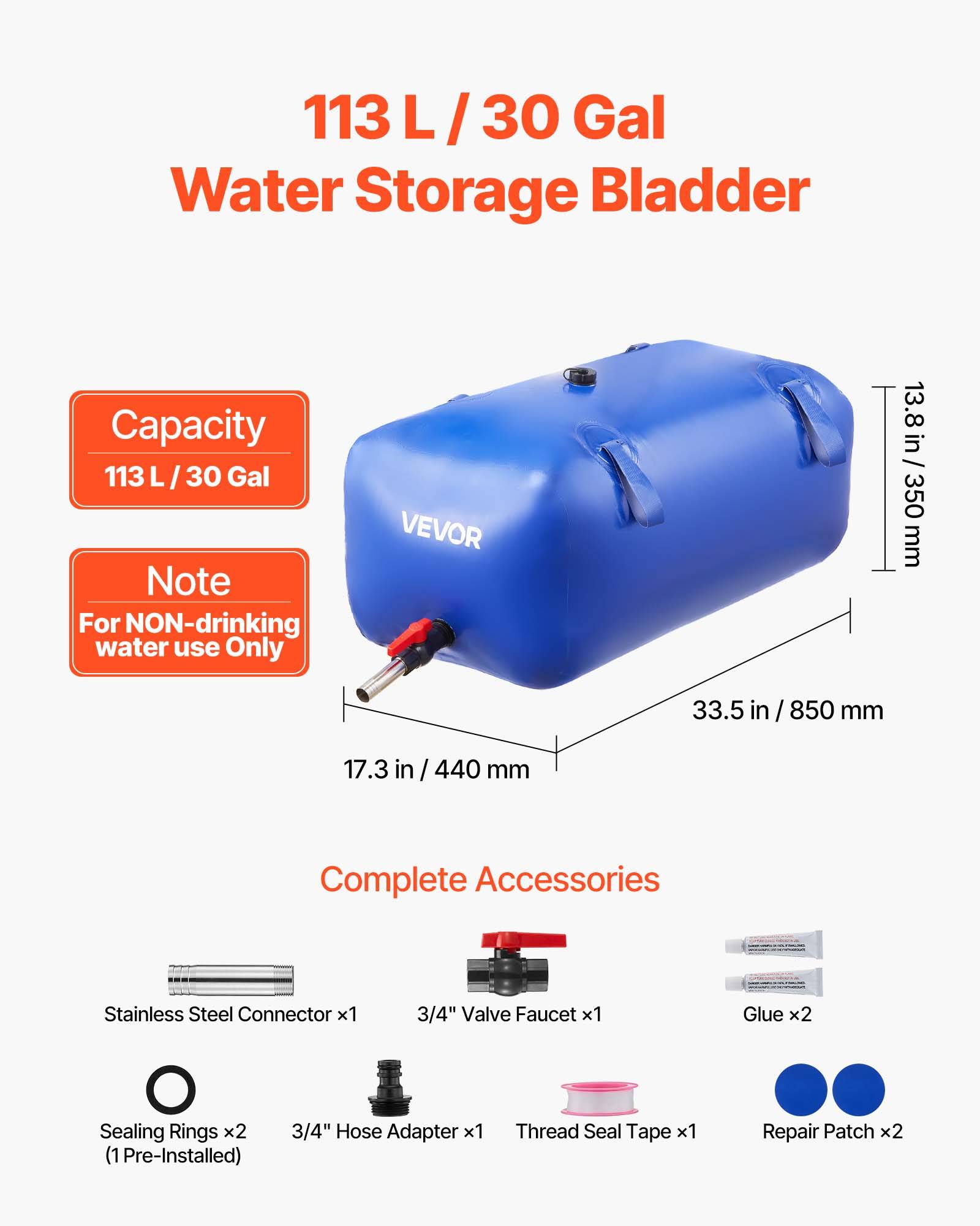 VEVOR Réservoir d'Eau Souple Vessie de Stockage Eau Pliable en PVC 113 L Bleu - Image 2