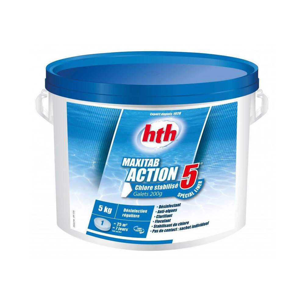 HTH - Chlore multiaction - HTH Maxitab  - 5 Action Spécial liner galets 200 g. - 5 kg - Imagen 2