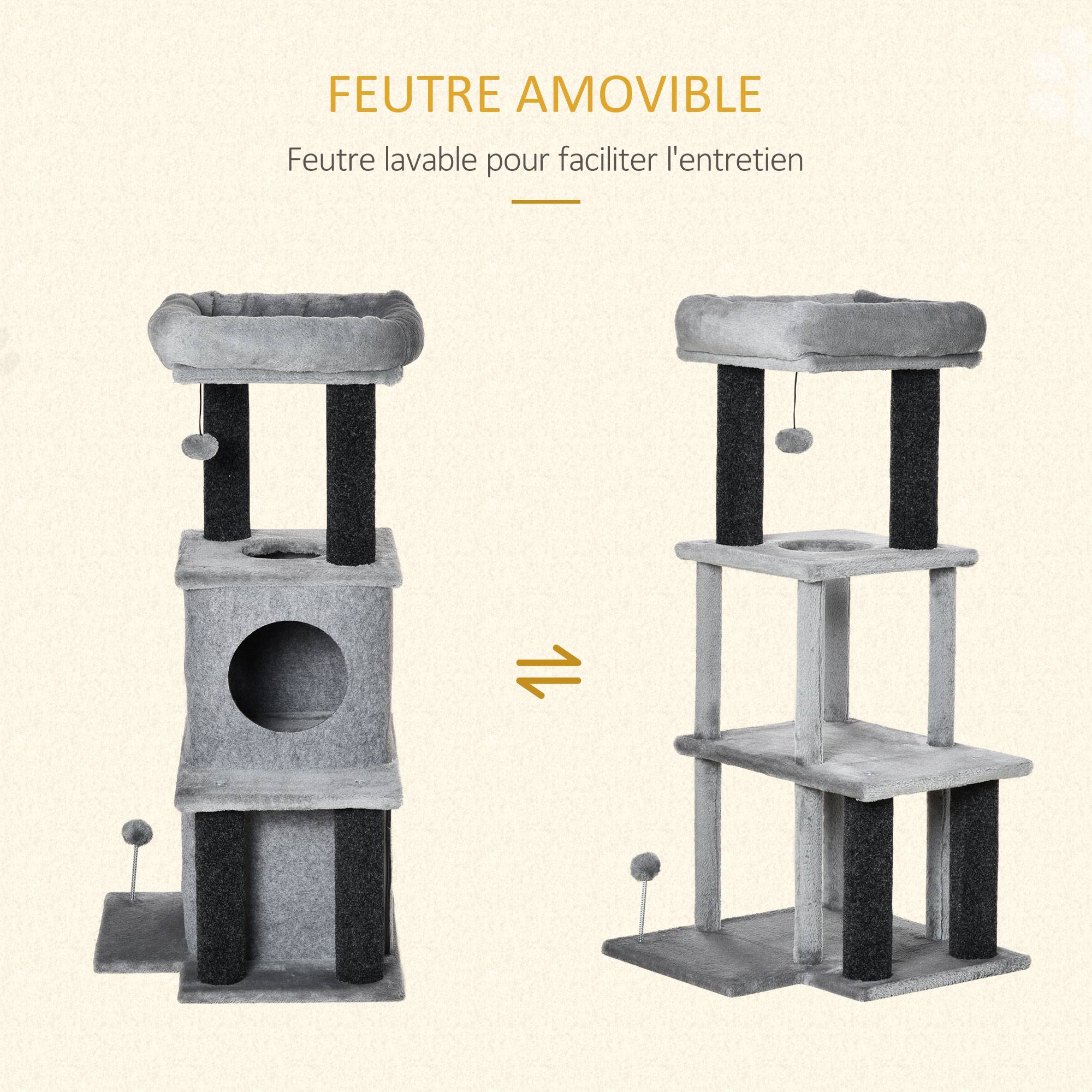 Pawhut - Arbre à chat centre d'activités griffoirs jeu boule suspendue et à ressort 2 niches housses amovibles plateformes gris - Imagen 5