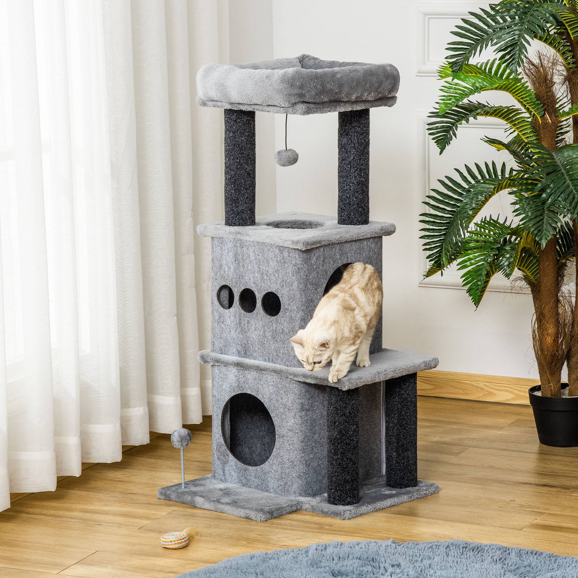 Pawhut - Arbre à chat centre d'activités griffoirs jeu boule suspendue et à ressort 2 niches housses amovibles plateformes gris - Imagen 2