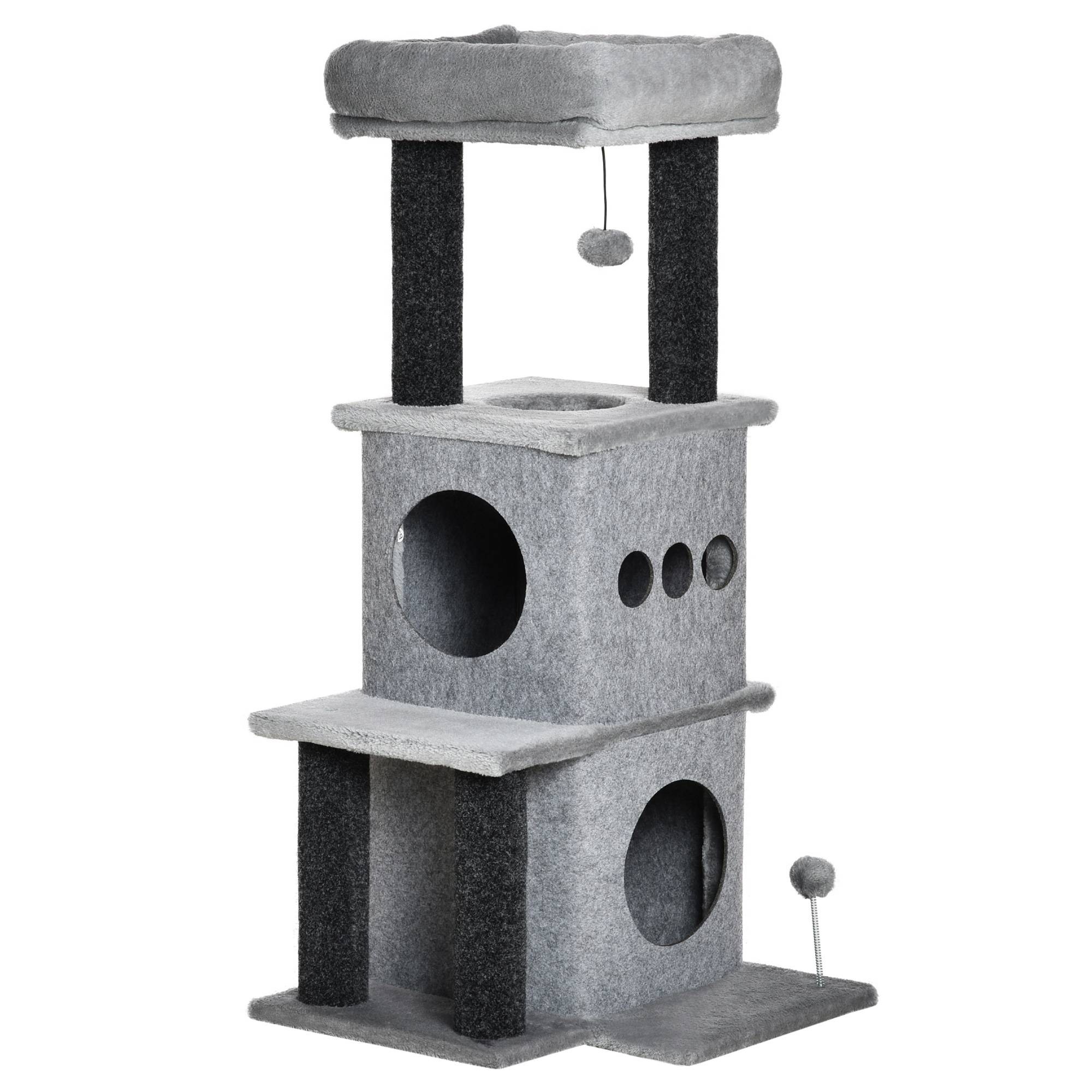 Pawhut - Arbre à chat centre d'activités griffoirs jeu boule suspendue et à ressort 2 niches housses amovibles plateformes gris - Imagen 1