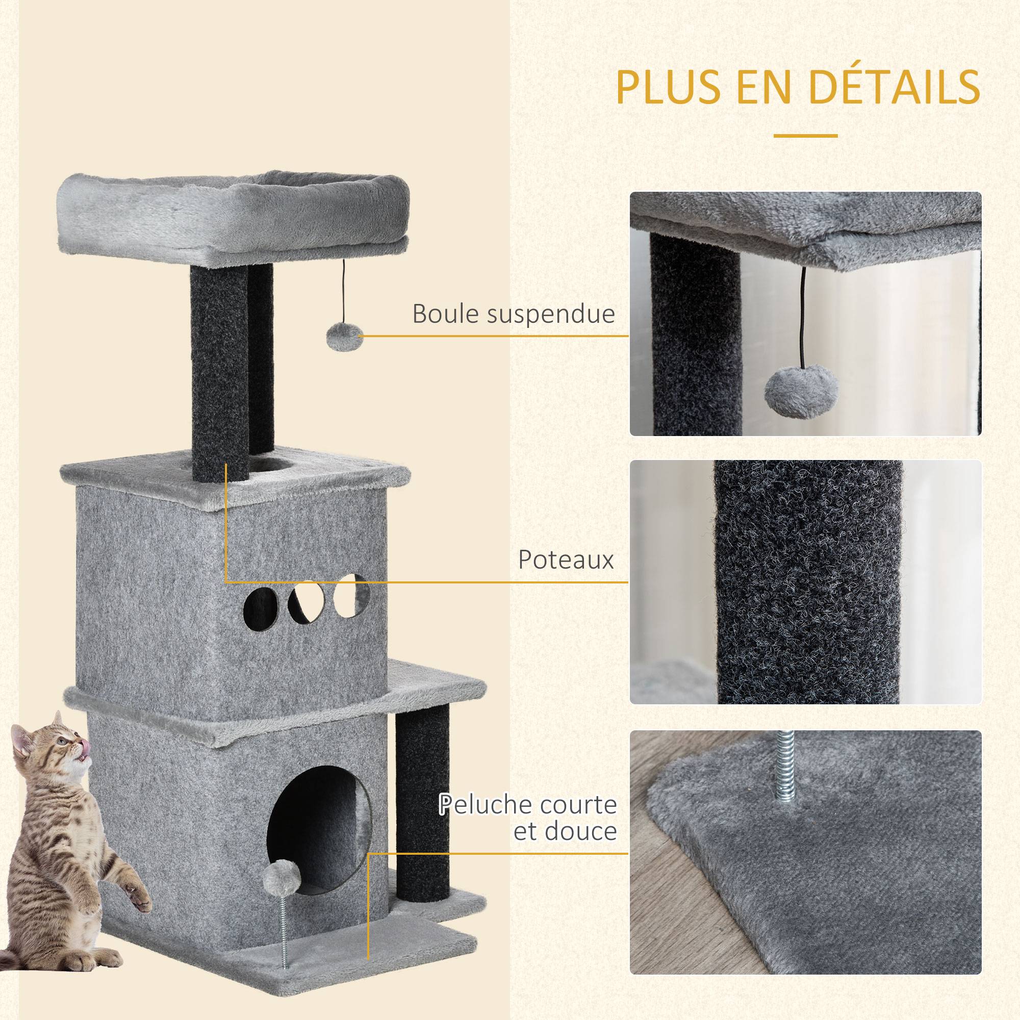 Pawhut - Arbre à chat centre d'activités griffoirs jeu boule suspendue et à ressort 2 niches housses amovibles plateformes gris - Imagen 7