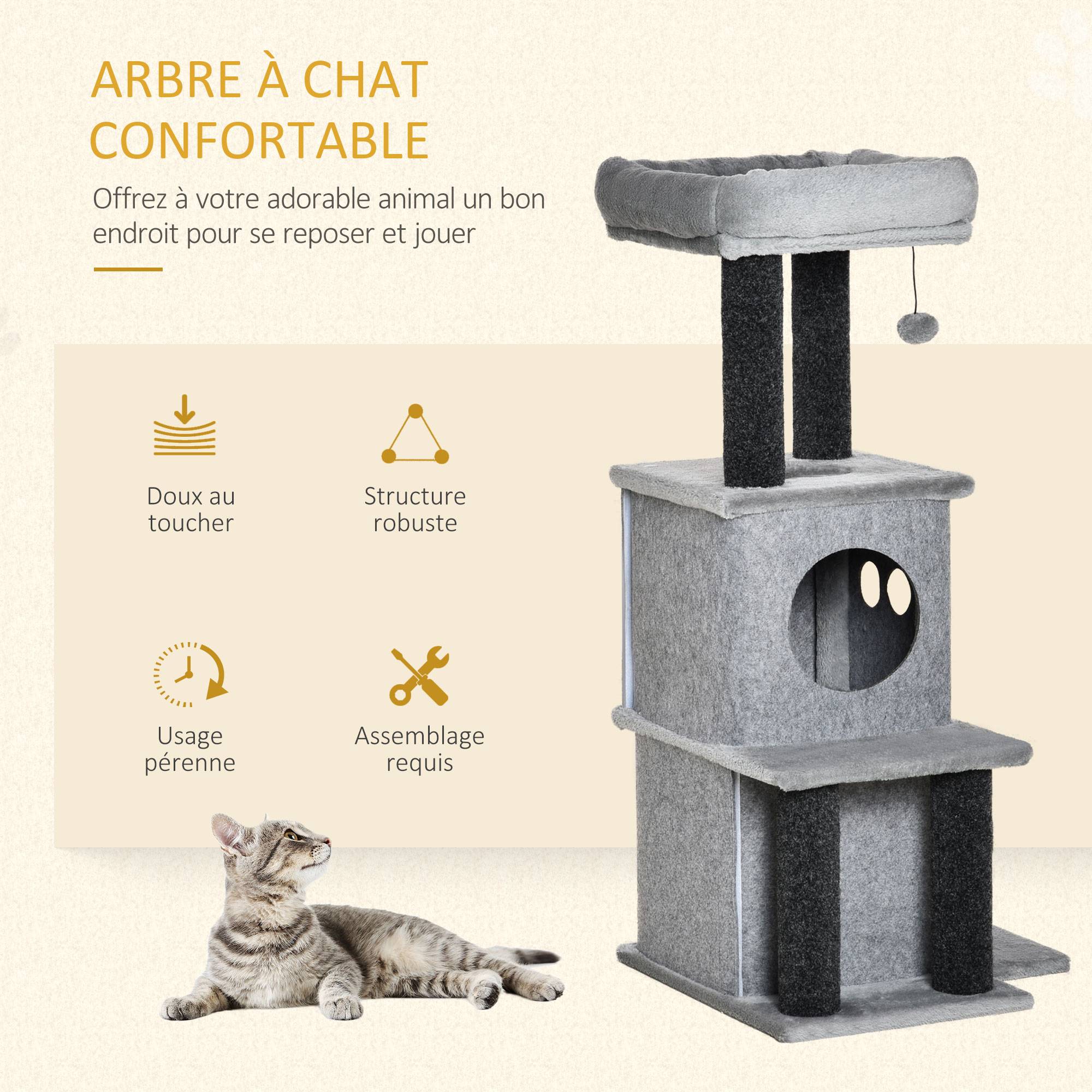 Pawhut - Arbre à chat centre d'activités griffoirs jeu boule suspendue et à ressort 2 niches housses amovibles plateformes gris - Imagen 4
