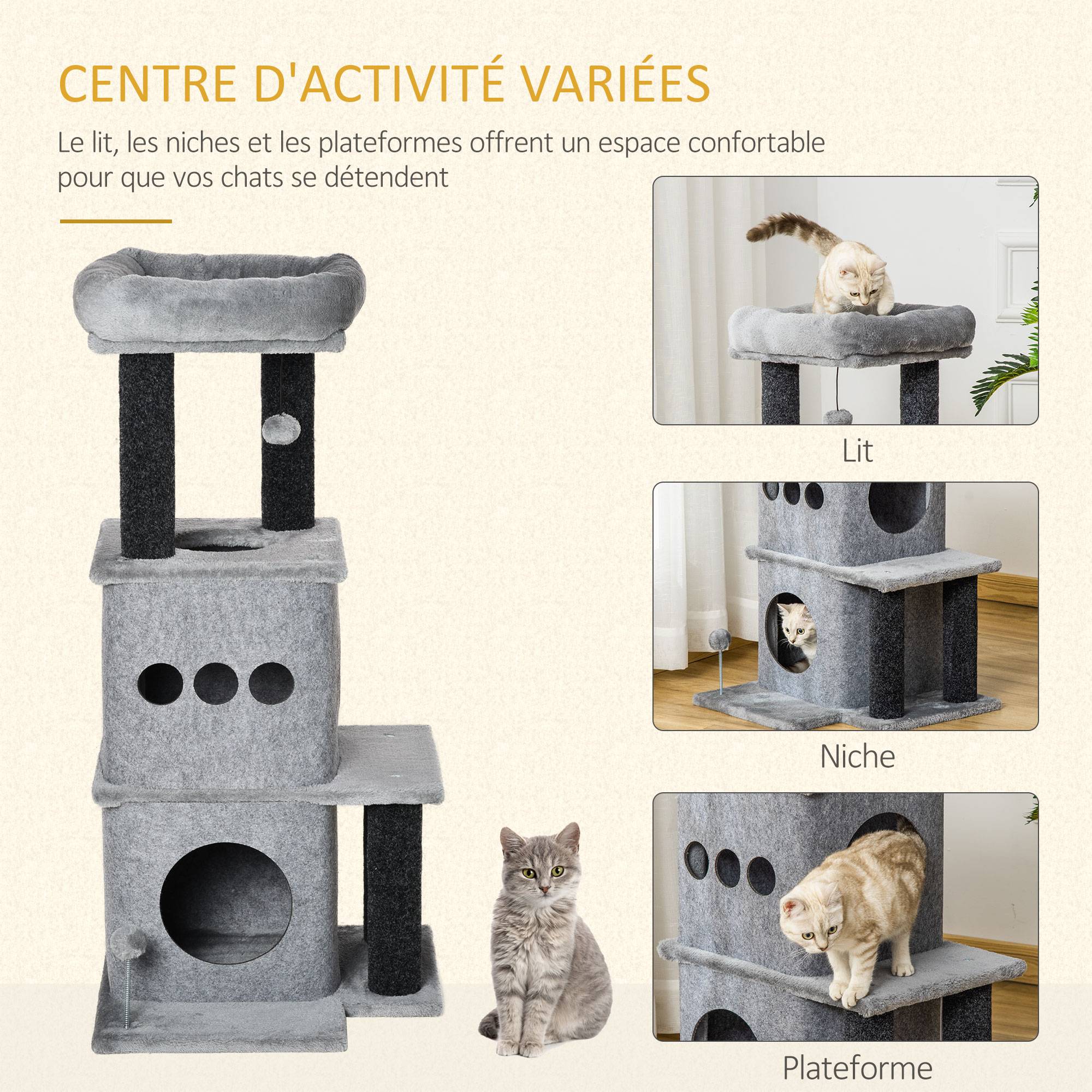 Pawhut - Arbre à chat centre d'activités griffoirs jeu boule suspendue et à ressort 2 niches housses amovibles plateformes gris - Imagen 6