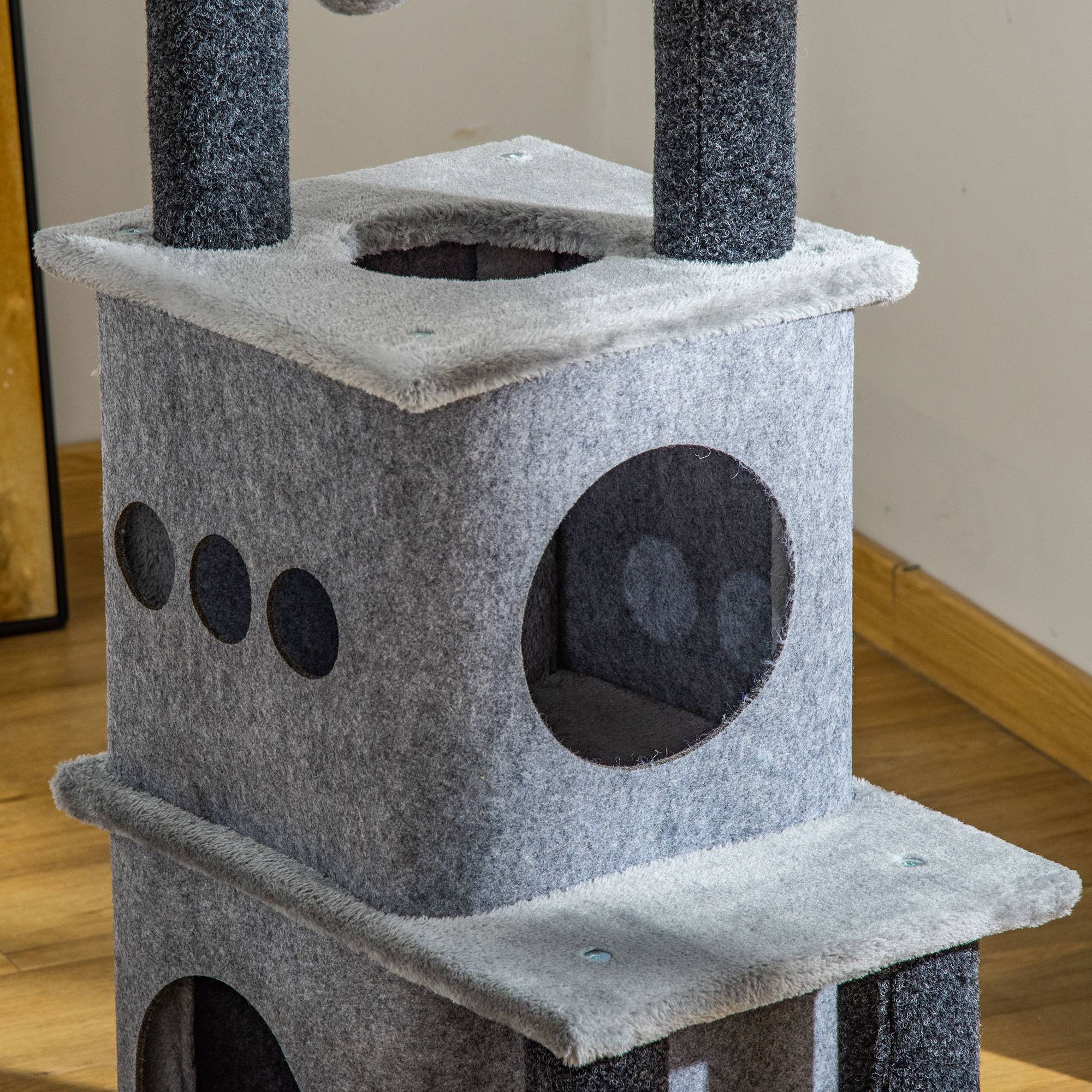 Pawhut - Arbre à chat centre d'activités griffoirs jeu boule suspendue et à ressort 2 niches housses amovibles plateformes gris - Imagen 8