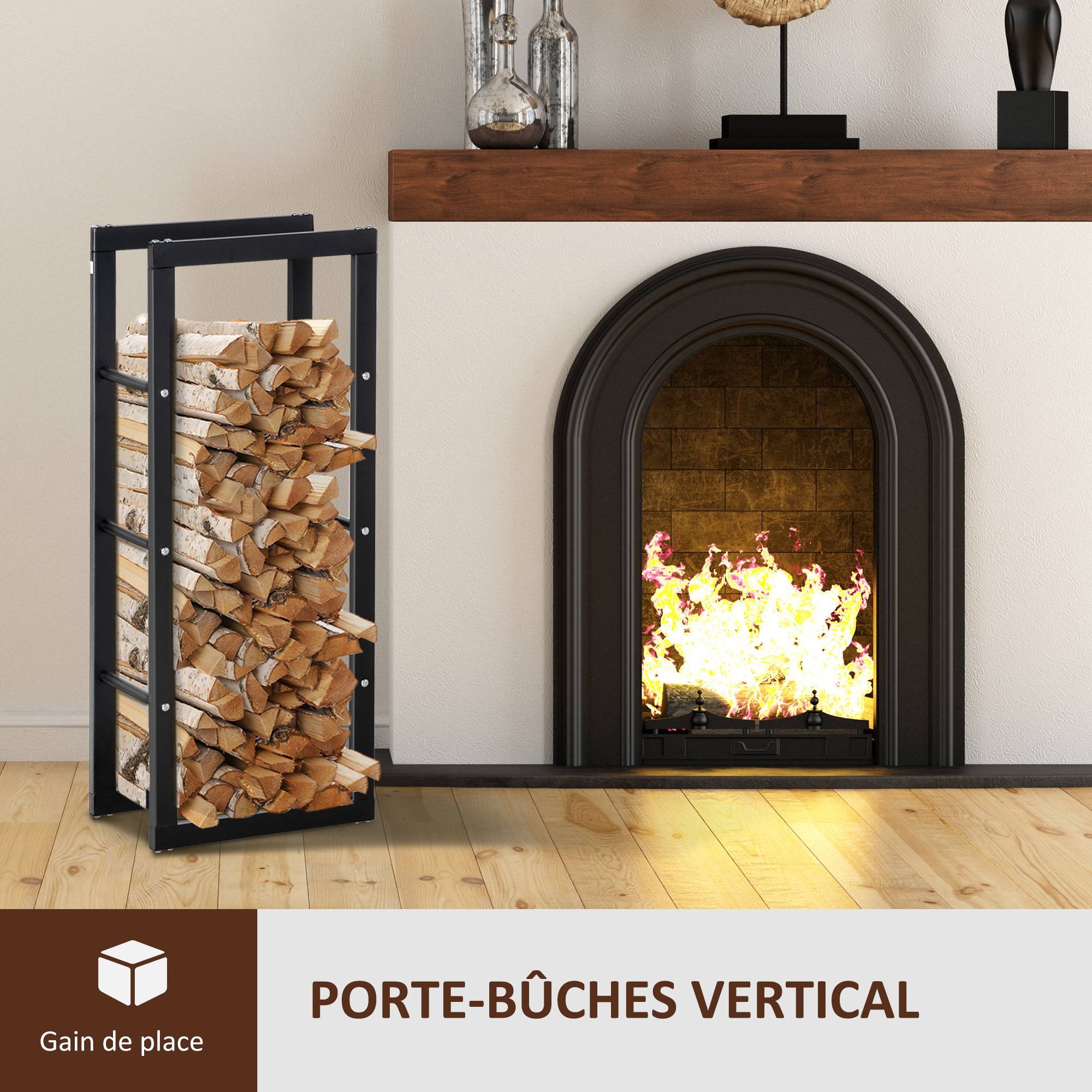 Range bûches Etagère porte bois de cheminée porte-bûches intérieur et extérieur charge max. 100 Kg dim. 40L x 25l x 100H cm métal noir - Image 6