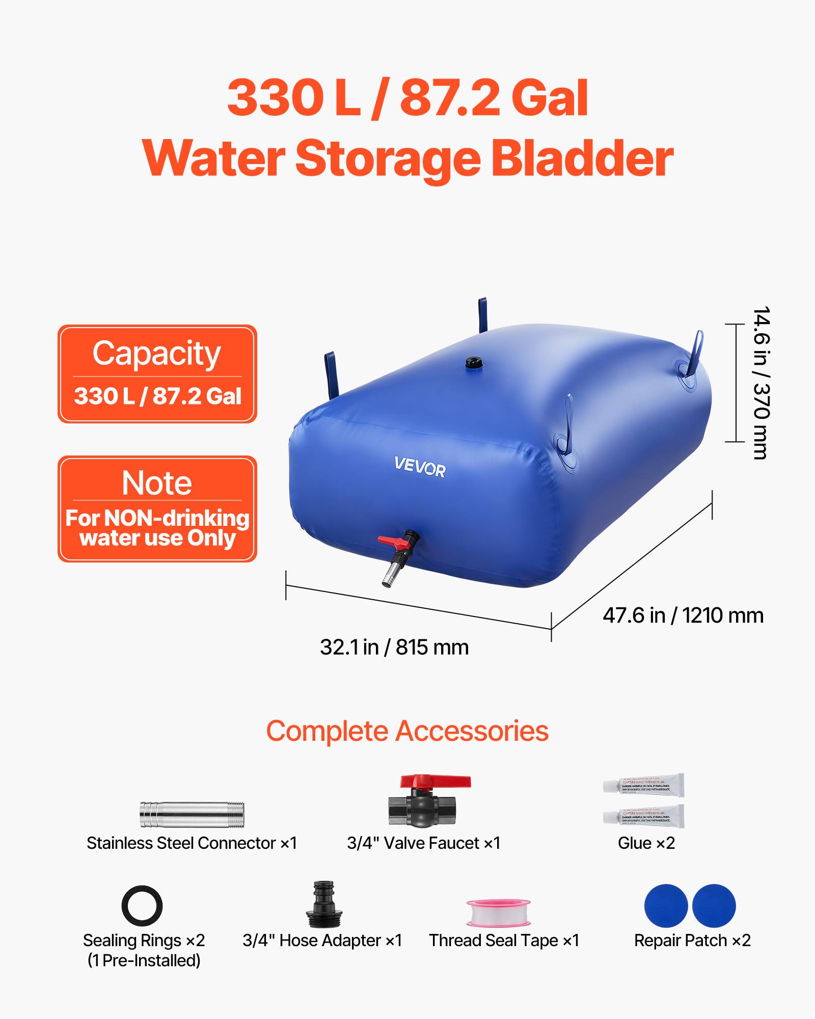 VEVOR Réservoir d'Eau Souple Vessie de Stockage Eau Pliable 330 L PVC 1000D Bleu - Image 2