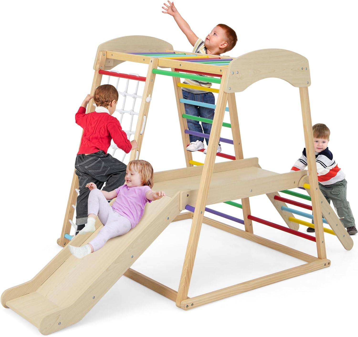 6 en 1 Triangle d'escalade en Bois Enfants avec Toboggan & Zone Tampon, Charge 60kg (Multicolore)