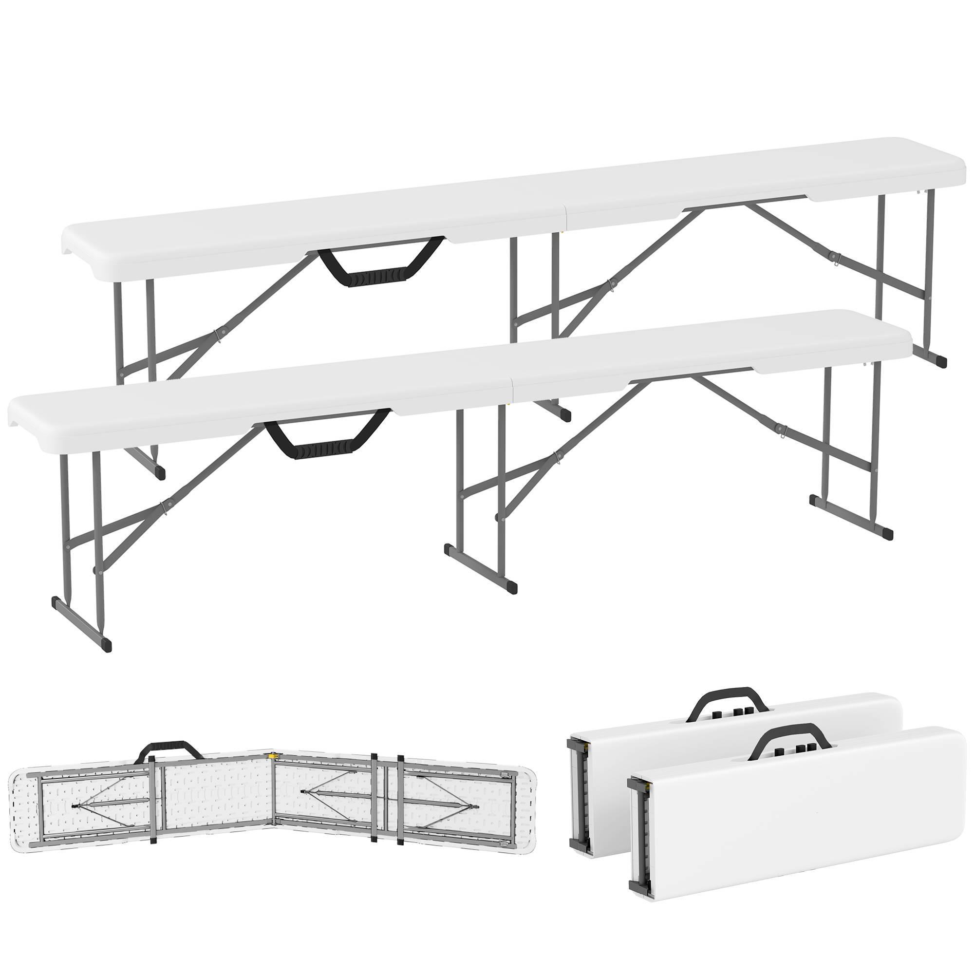 Banc Pliant Plastique Métal Réception Pique-Nique Charge 240kg 182x28x42cm Blanc - ComfortXL Outdoor Living