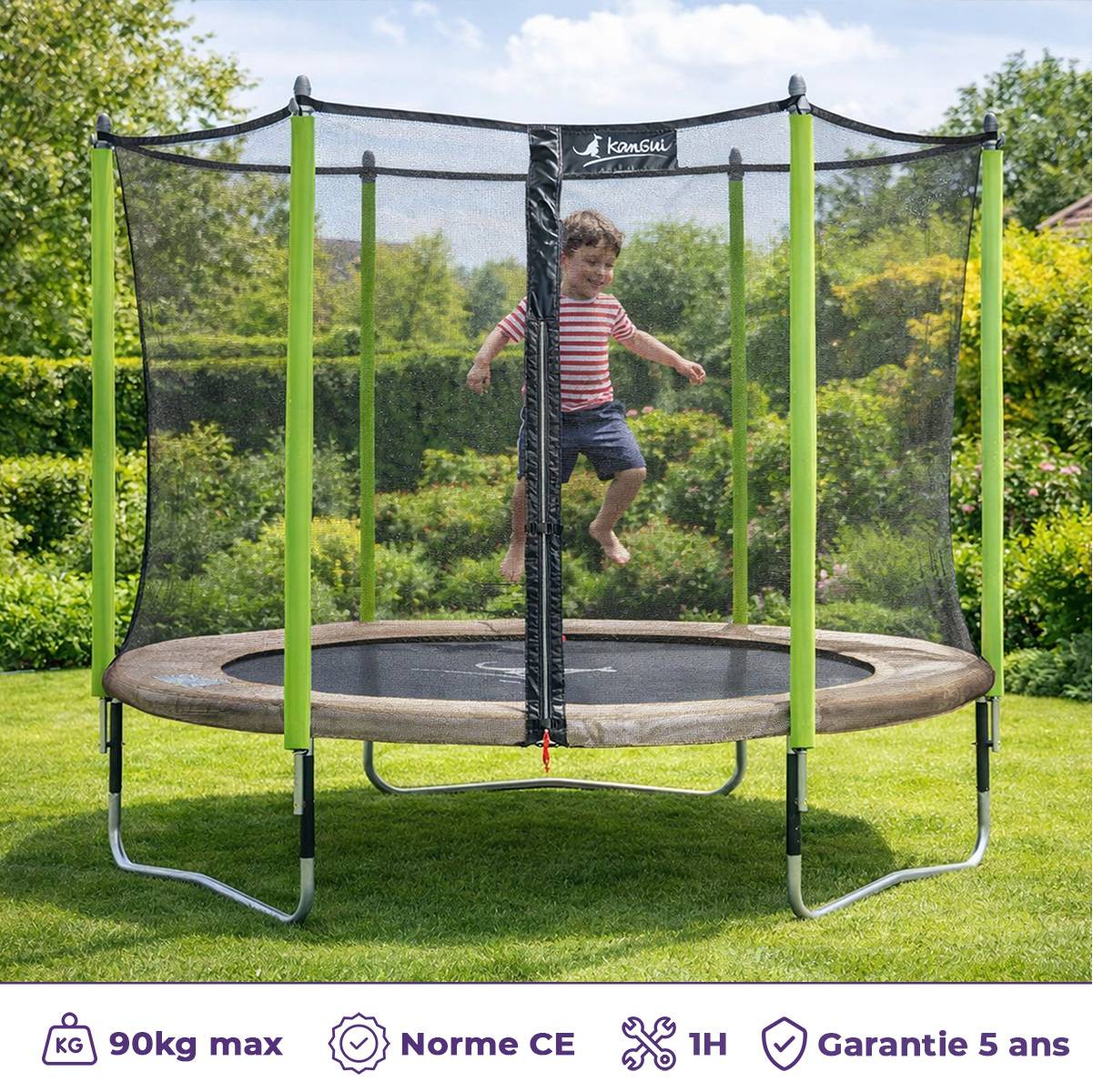 Kangui - Trampoline jardin Ø 300 cm + filet + échelle - JUMPI 300 - Taupe/Vert Kangui - Image 2