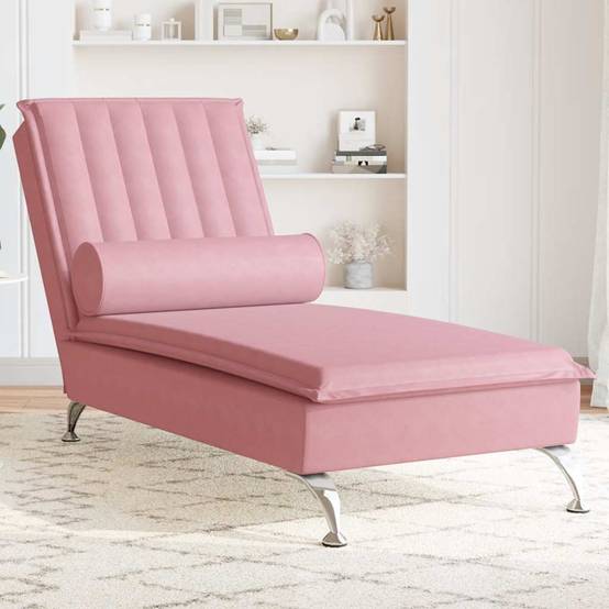 Maison Chic - Chaise longue | Transat | Bain de soleil de massage avec traversin rose velours - Image 2
