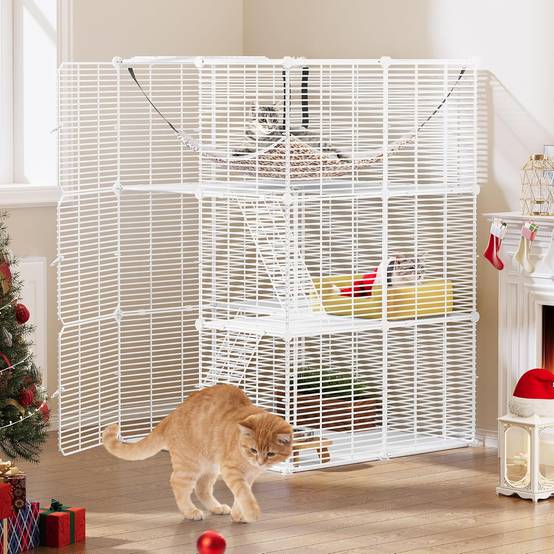 Pack pour Chat Extérieur/Interieur, Enclos pour Chat avec 3 Portes, 2 Échelles 72x72x107 cm blanc