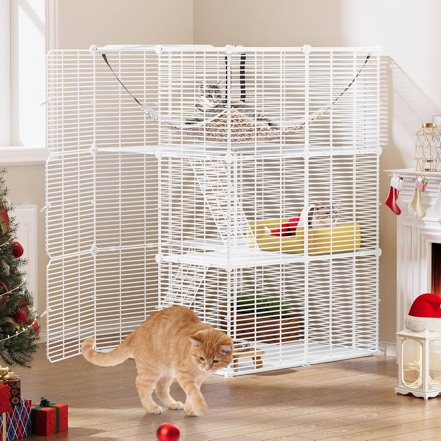 Pack pour Chat Extérieur/Interieur, Enclos pour Chat avec 3 Portes, 2 Échelles 72x72x107 cm blanc