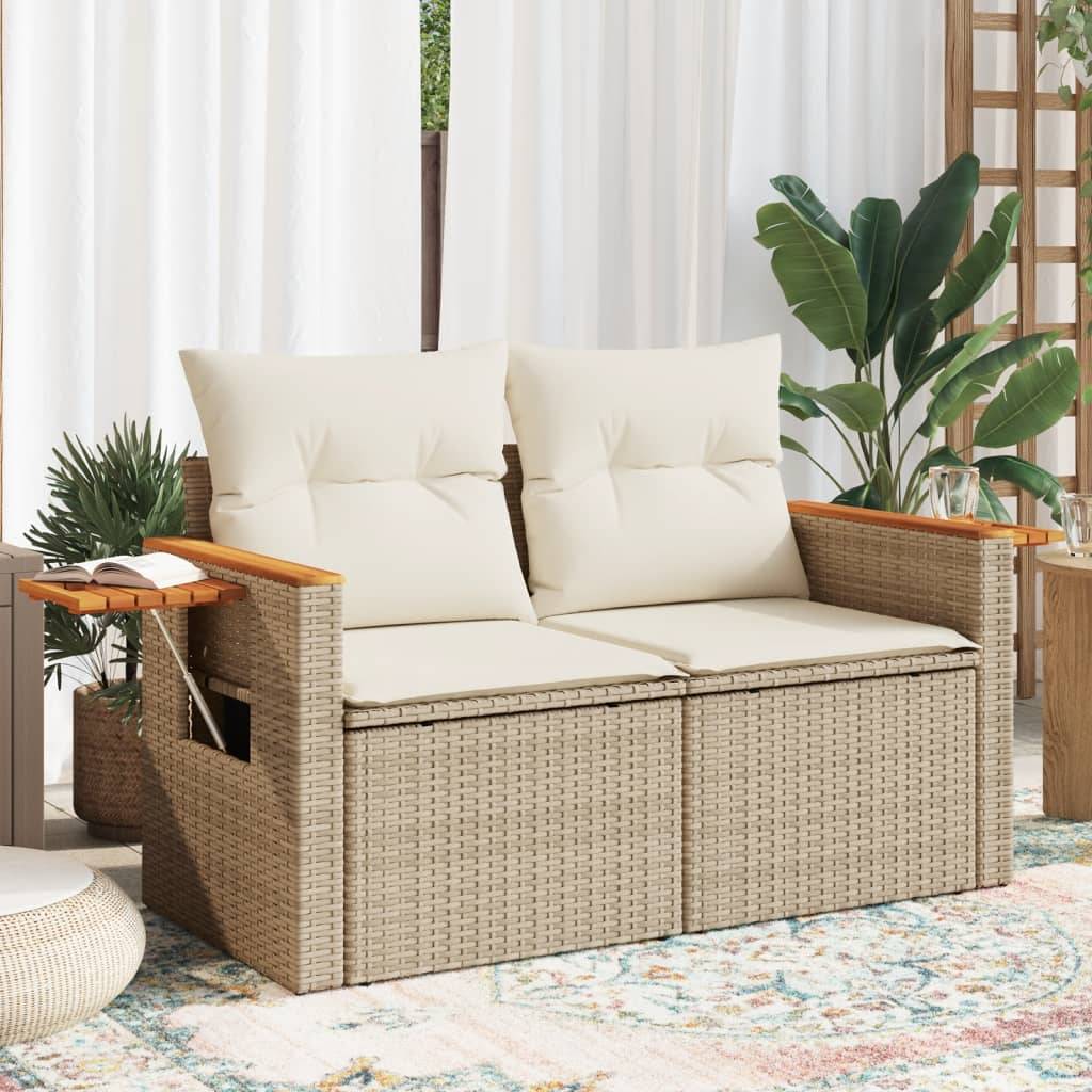 Canapé Extérieur 2 Places Poly Rotin Beige Acacia et Tablette Rabattable Intégrée – ComfortXL Outdoor Living - Image 1