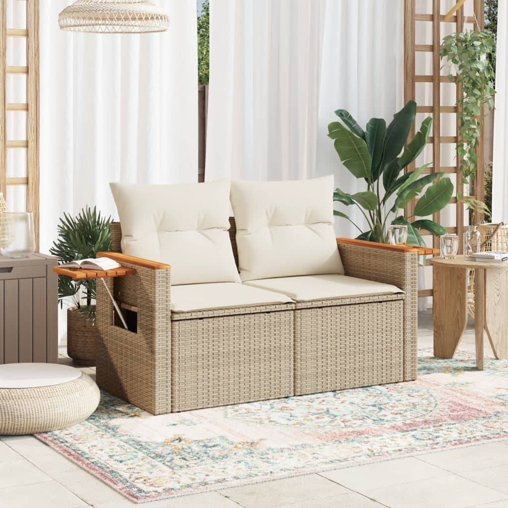 Canapé Extérieur 2 Places Poly Rotin Beige Acacia et Tablette Rabattable Intégrée – ComfortXL Outdoor Living - Image 3