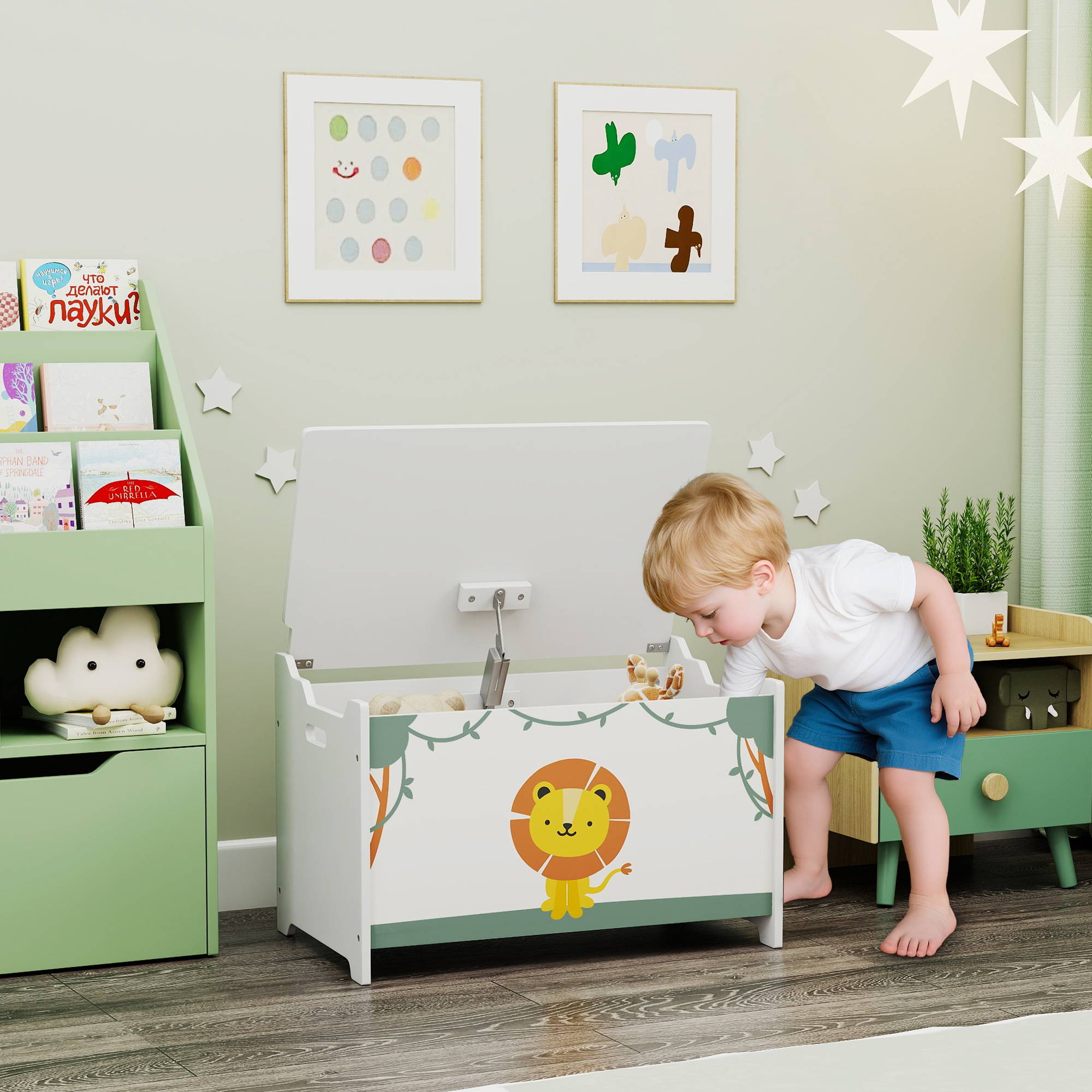 Coffre à jouets de 53 L, coffre à jouets pour enfants avec couvercle à charnière et vérin à gaz, vert - Image 3