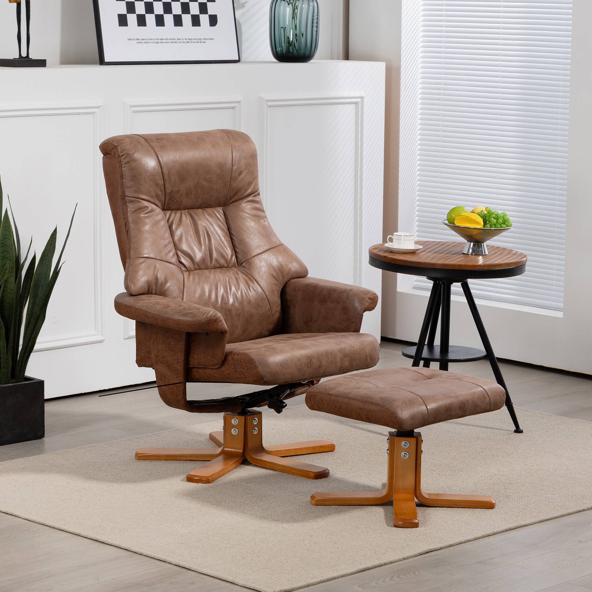Fauteuil relax inclinable 135° pivotant 360° avec repose-pieds revêtement microfibre marron - Image 4
