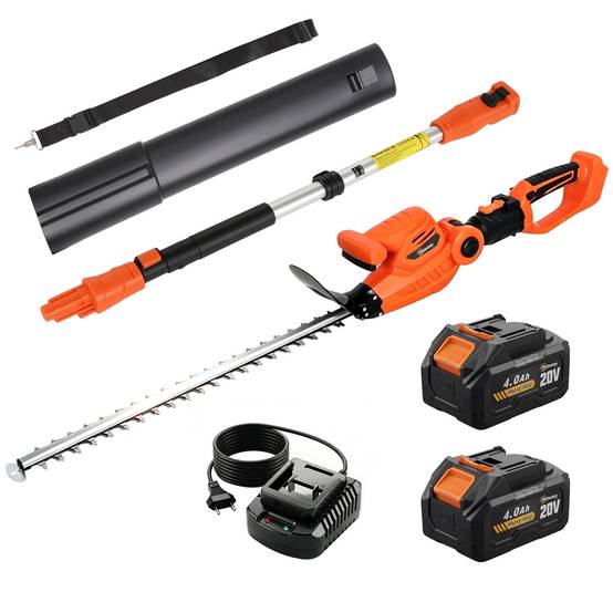 Taille-Haies Électrique avec Manche Télescopique Lame 51 cm 2 Batteries 4,0 Ah 112,5x15x14,5cm, Orange - Image 1
