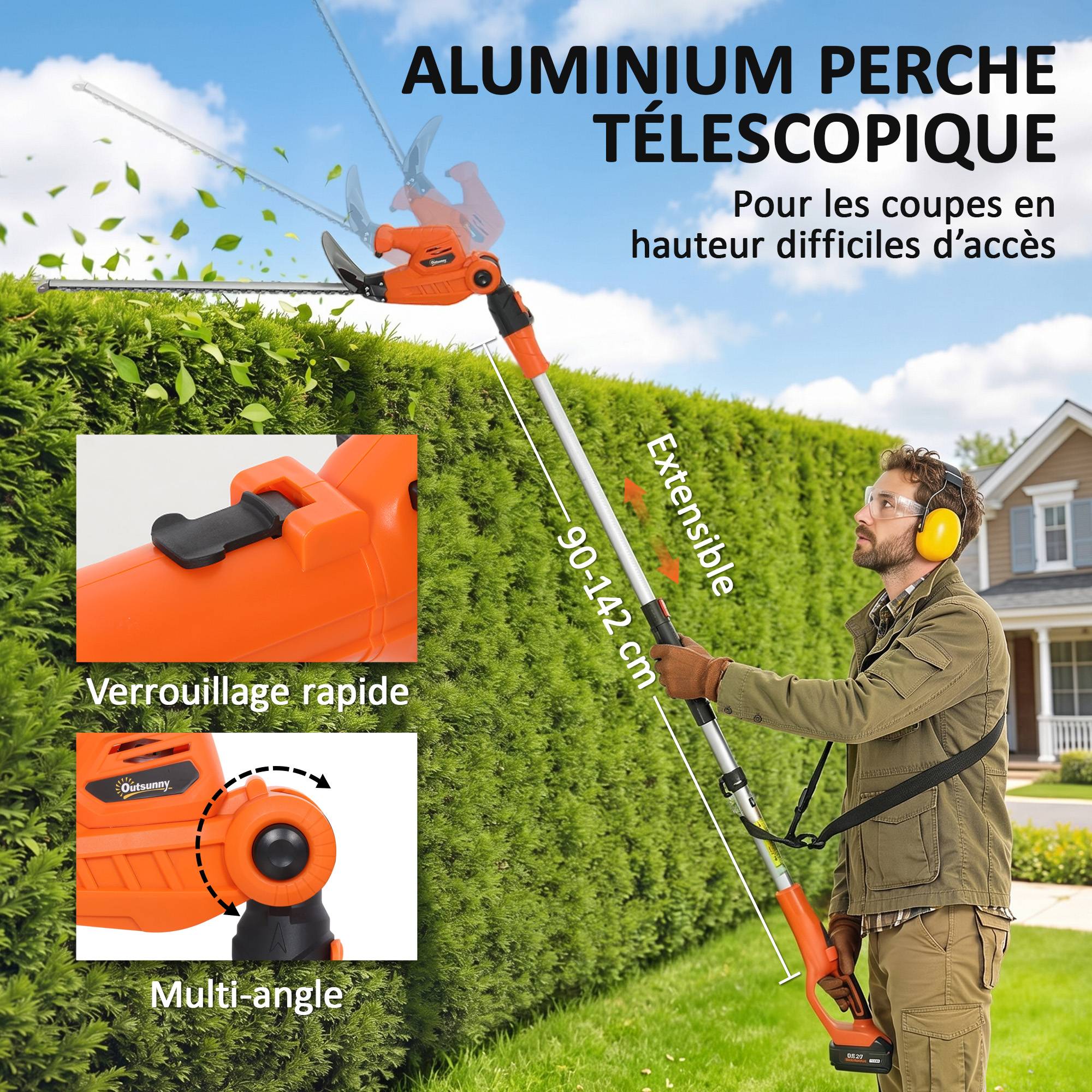 Taille-Haies Électrique avec Manche Télescopique Lame 51 cm 2 Batteries 4,0 Ah  112,5x15x14,5cm, Orange - Image 8