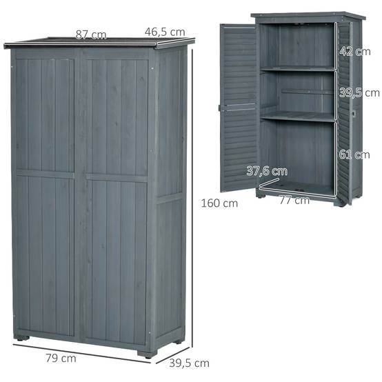 ComfortXL - Armoire de jardin en bois 87 x 46,5 x 160 cm grise avec 3 compartiments portes persiennées toit bitumé - Image 3