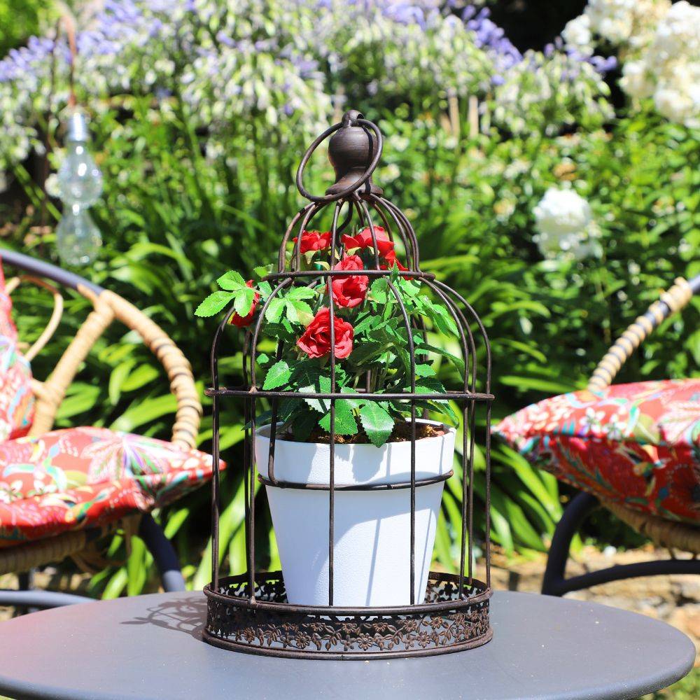 Cage à oiseaux porte plante jardinière extérieure métal marron 18cm Chemin de campagne - Imagen 2