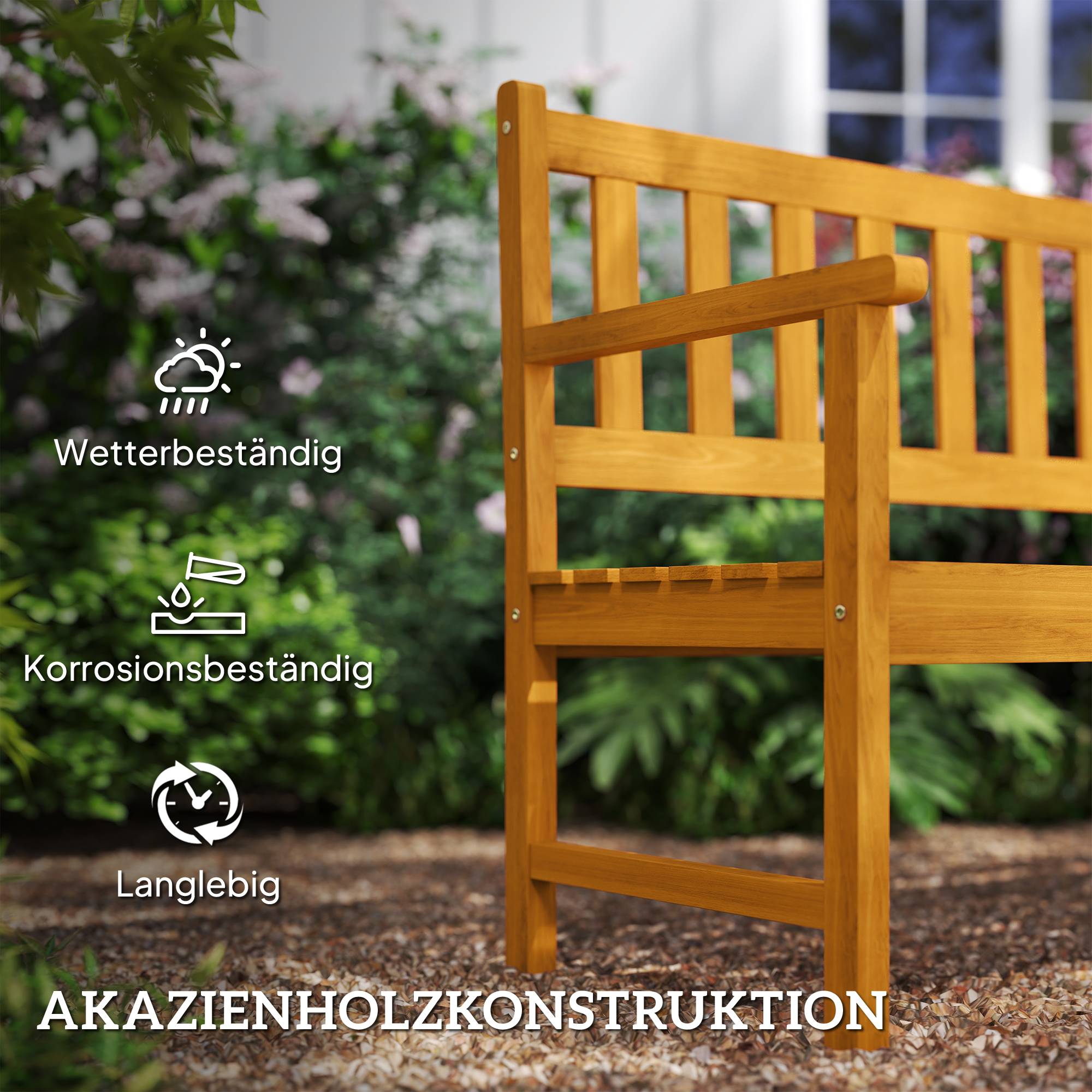 Banc de jardin 2 places en bois de teck, accoudoirs et dossier, capacité 320 kg, 149x56,5x89cm, durable - Image 5