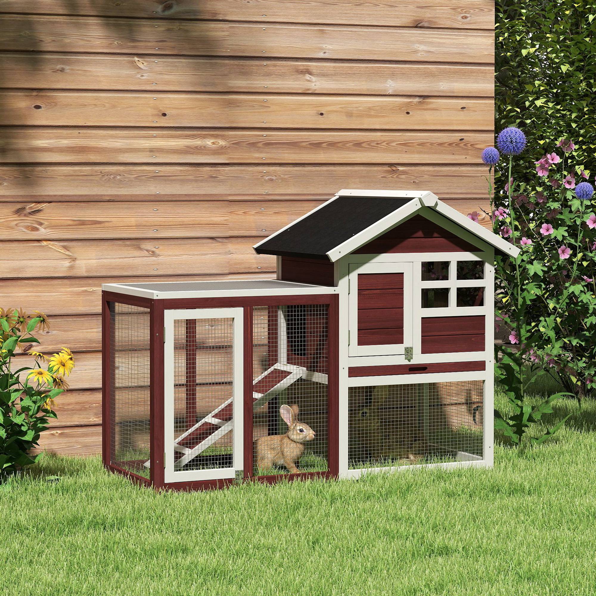 Clapier extérieur 2 niveaux bois lapin enclos intégré 123x62x92cm marron - ComfortXL Outdoor Living - Image 3
