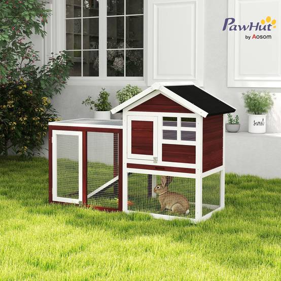 Clapier extérieur 2 niveaux bois lapin enclos intégré 123x62x92cm marron - ComfortXL Outdoor Living - Image 4