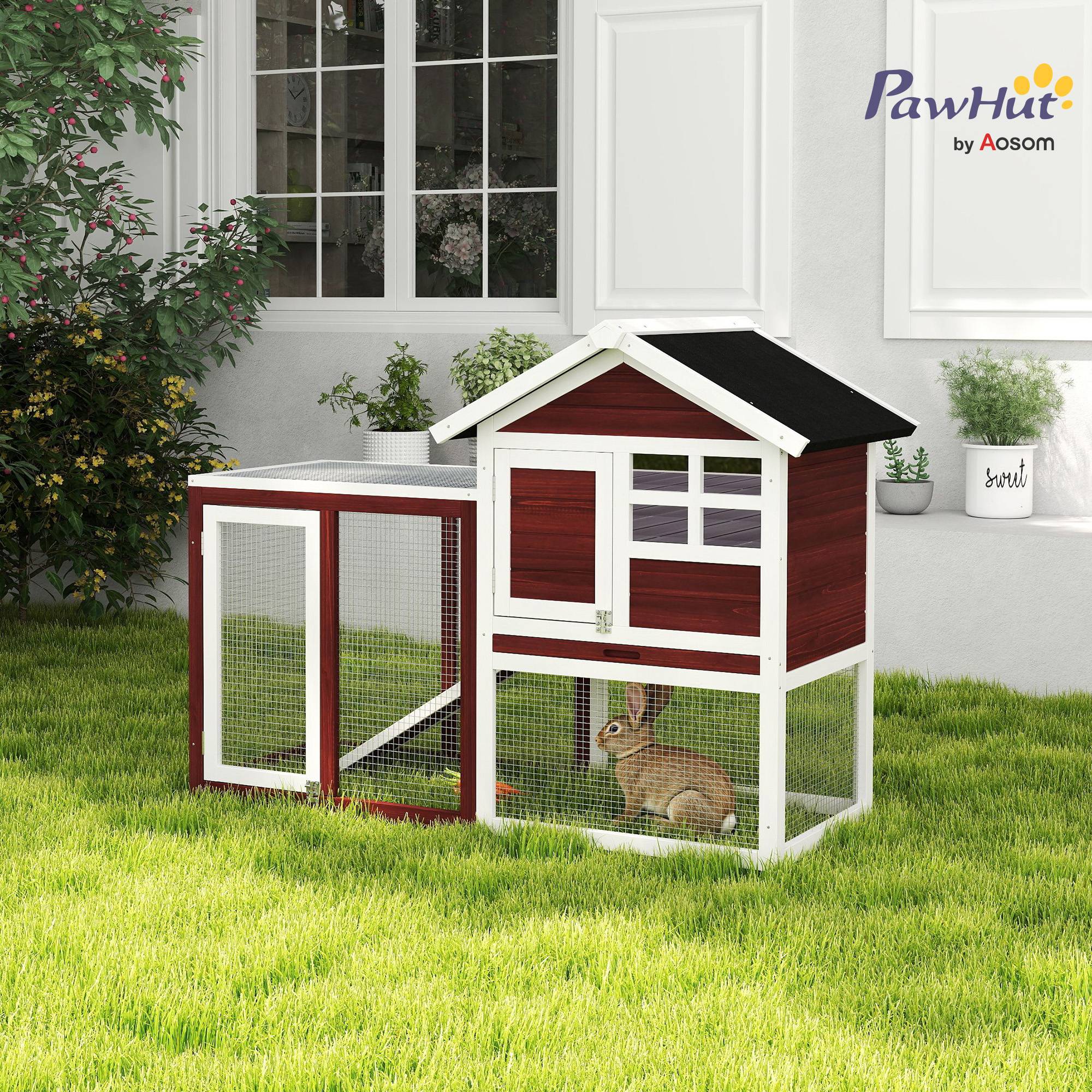 Clapier extérieur 2 niveaux bois lapin enclos intégré 123x62x92cm marron - ComfortXL Outdoor Living - Image 4