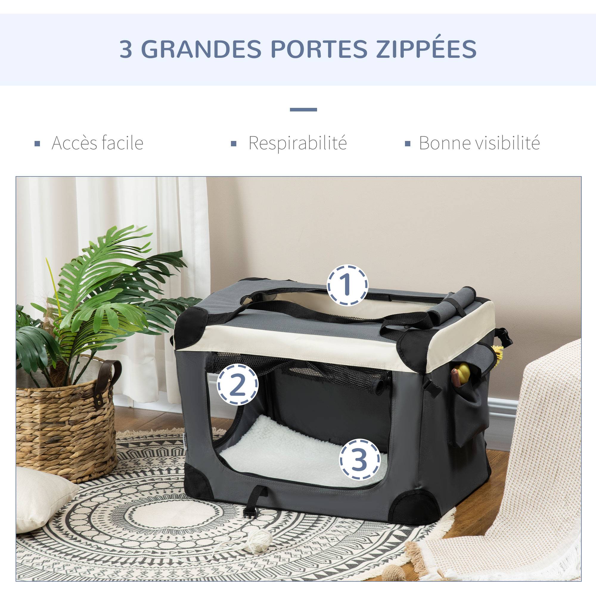Sac transport petit chien Oxford acier voyage respirant pliable 60x41x41cm gris - ComfortXL Outdoor Living - Image 6