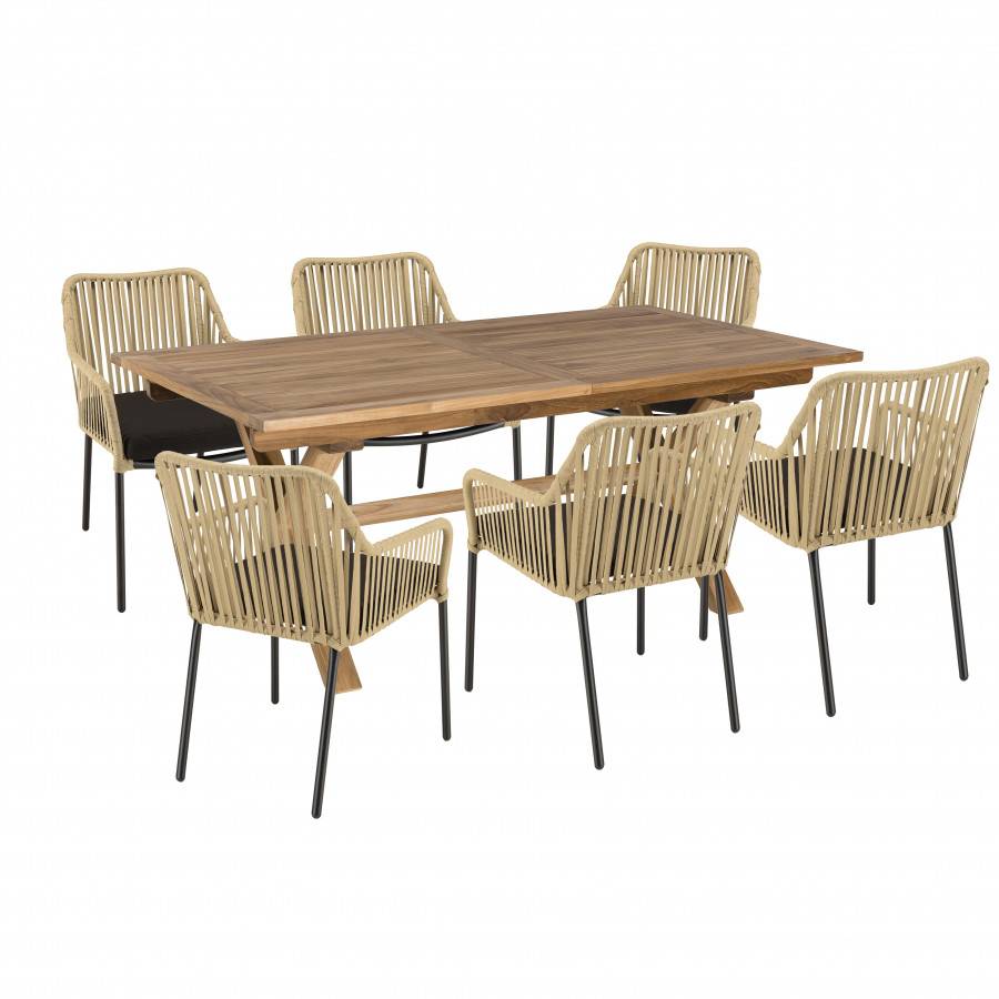 Macabane - MALO - SALON DE JARDIN 6 PERS. - 1 table rectangulaire 180x100cm et 6 fauteuils en cordage beige et noir - Imagen 1