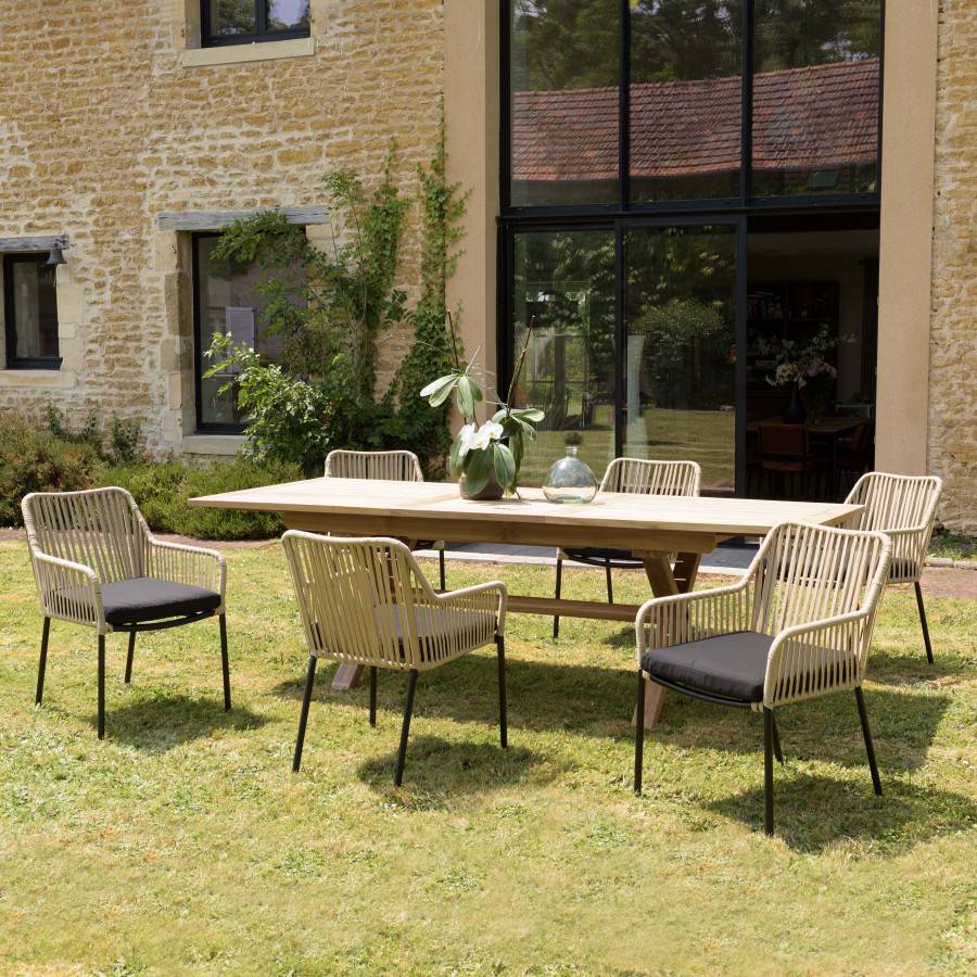 Macabane - MALO - SALON DE JARDIN 6 PERS. - 1 table rectangulaire 180x100cm et 6 fauteuils en cordage beige et noir - Imagen 2