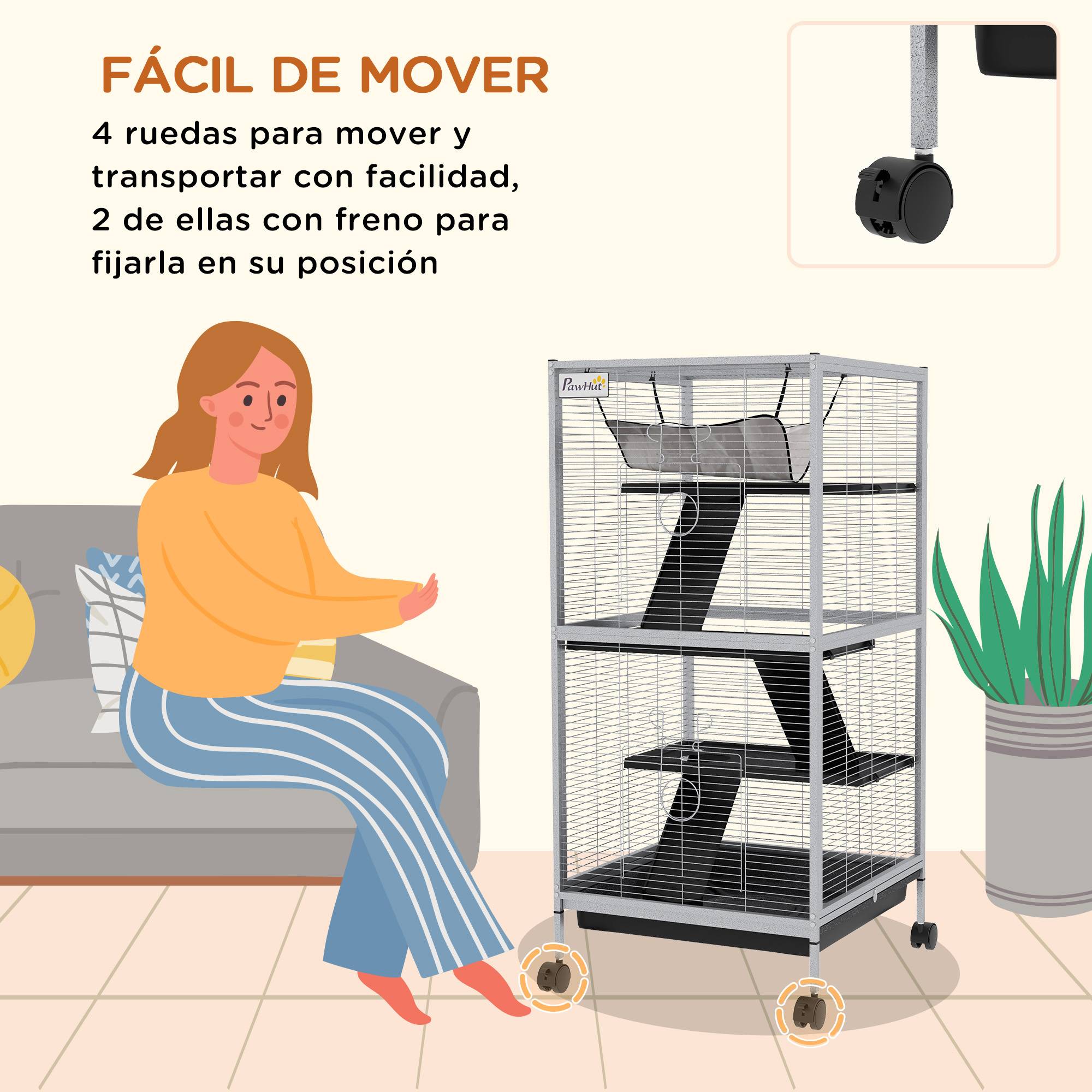 Cage chinchilla furet Acier et PP sur 3 niveaux avec hamac 52x52x113cm Gris - ComfortXL Outdoor Living - Image 7