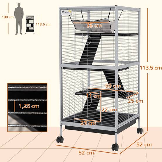 Cage chinchilla furet Acier et PP sur 3 niveaux avec hamac 52x52x113cm Gris - ComfortXL Outdoor Living - Image 5