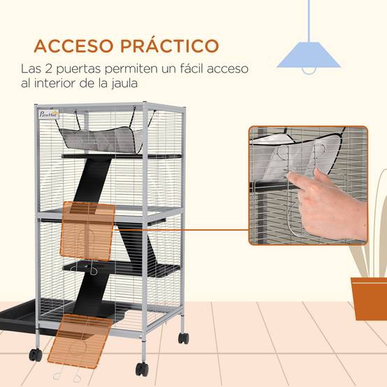 Cage chinchilla furet Acier et PP sur 3 niveaux avec hamac 52x52x113cm Gris - ComfortXL Outdoor Living - Image 9