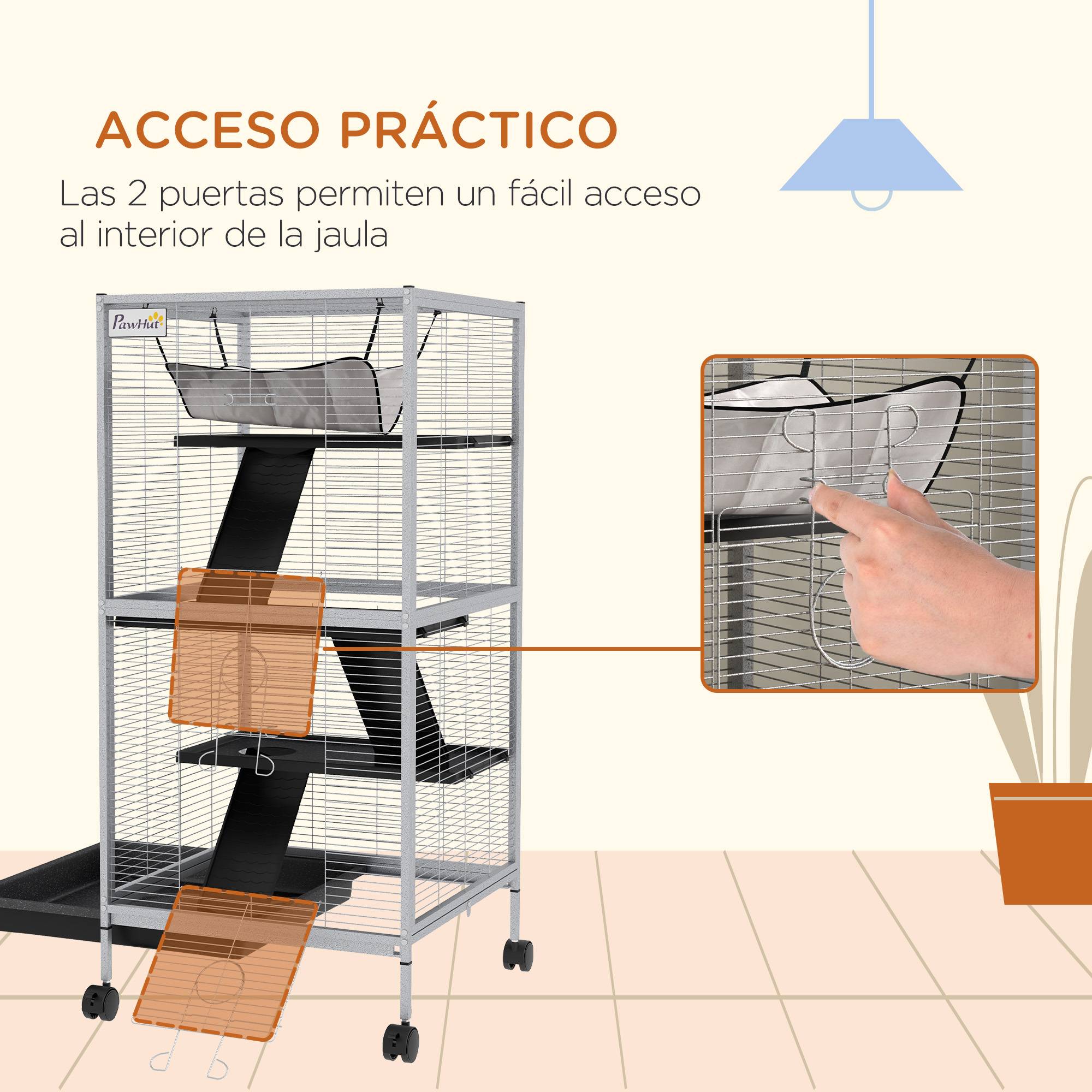 Cage chinchilla furet Acier et PP sur 3 niveaux avec hamac 52x52x113cm Gris - ComfortXL Outdoor Living - Image 9
