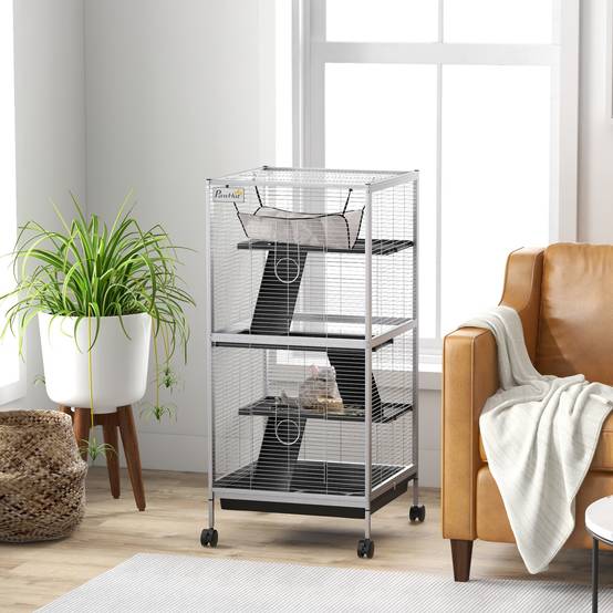 Cage chinchilla furet Acier et PP sur 3 niveaux avec hamac 52x52x113cm Gris - ComfortXL Outdoor Living - Image 3
