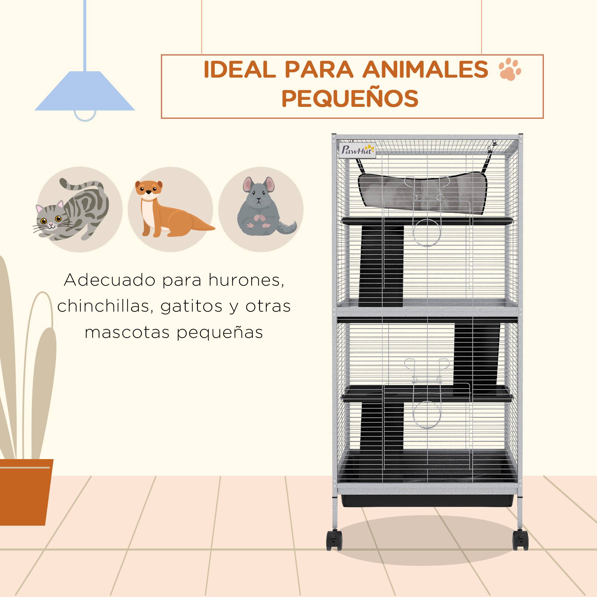 Cage chinchilla furet Acier et PP sur 3 niveaux avec hamac 52x52x113cm Gris - ComfortXL Outdoor Living - Image 6