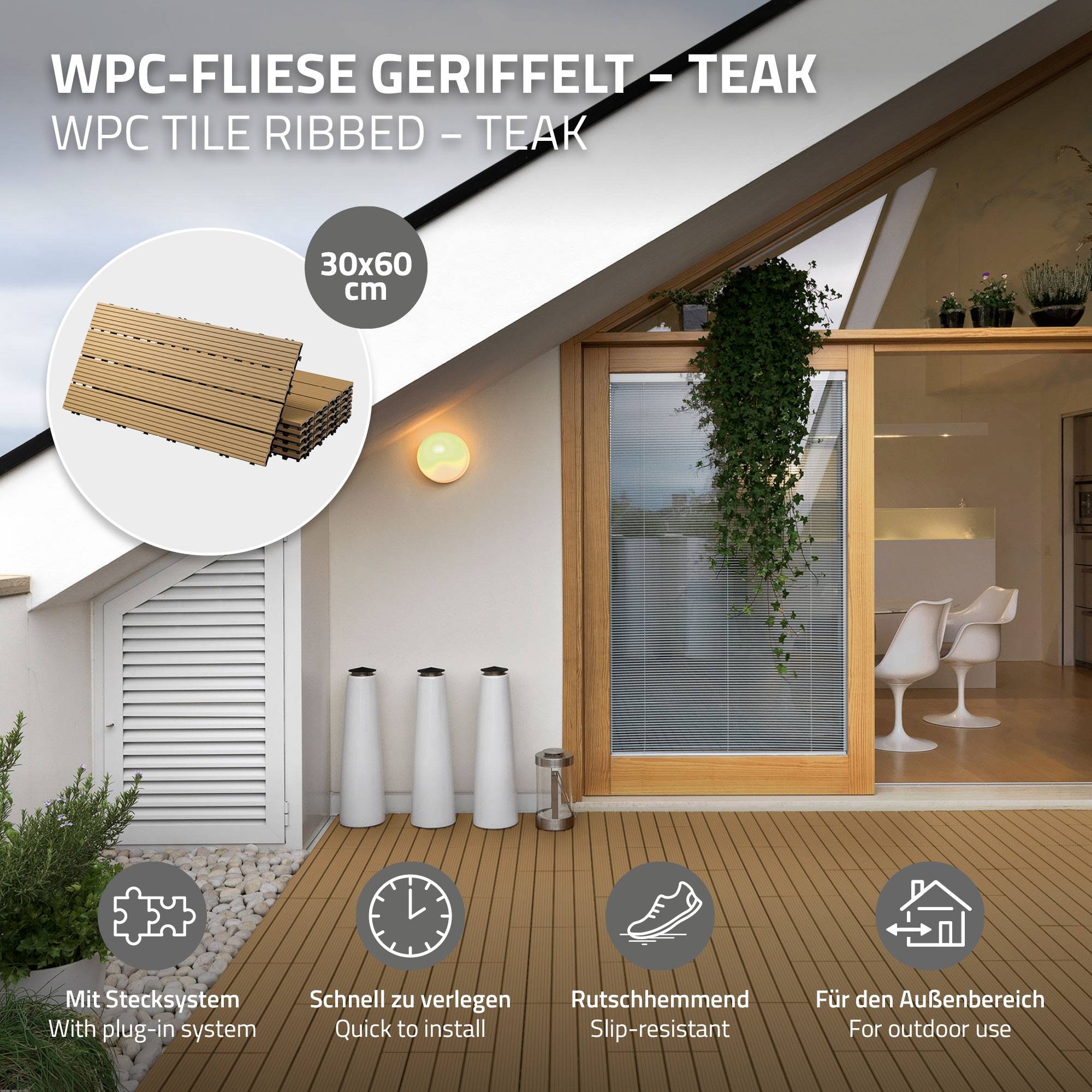 Ecd-Germany - Carreaux WPC aspect bois 60x30cm 1 m² dalles de sol teck - Imagen 2