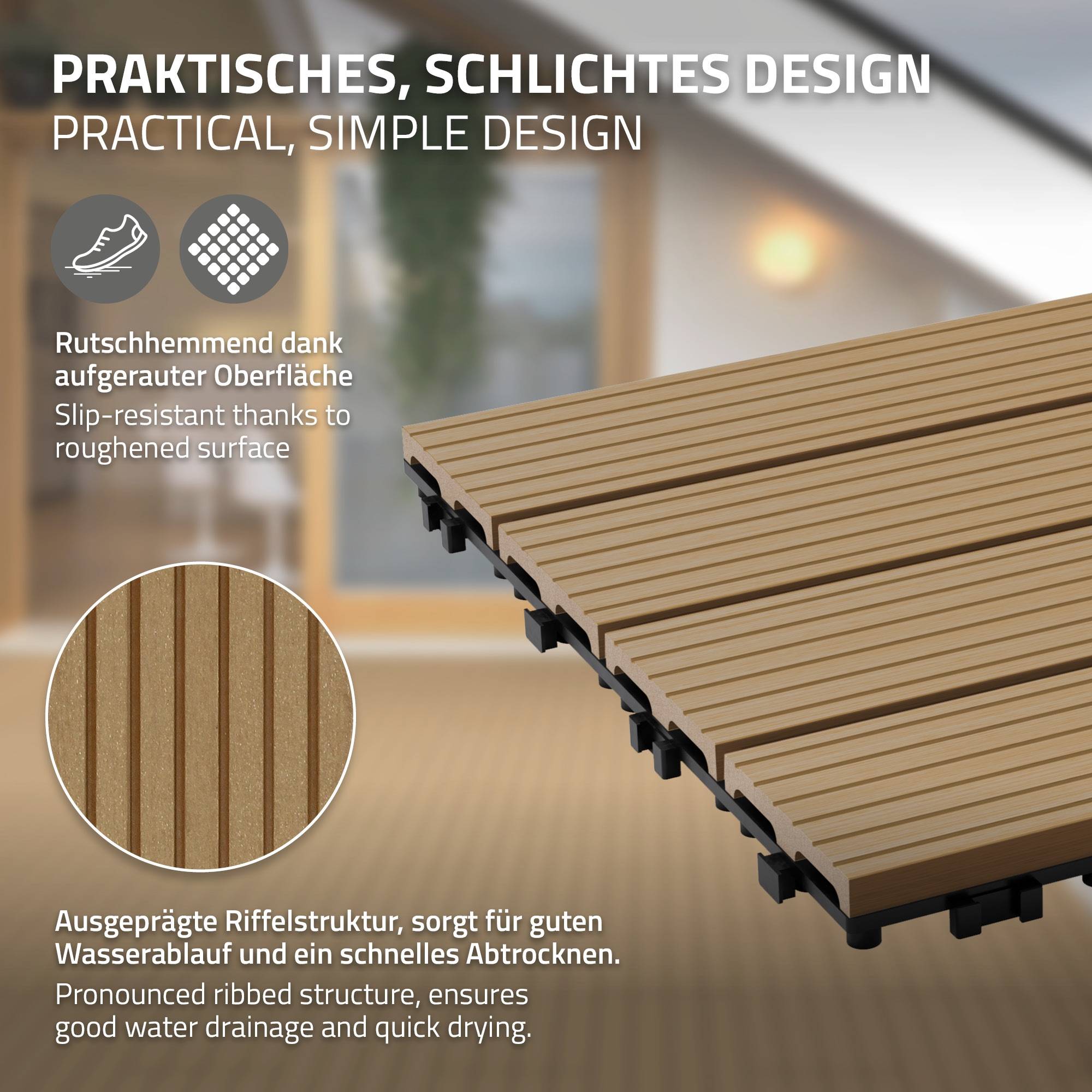 Ecd-Germany - Carreaux WPC aspect bois 60x30cm 1 m² dalles de sol teck - Imagen 4