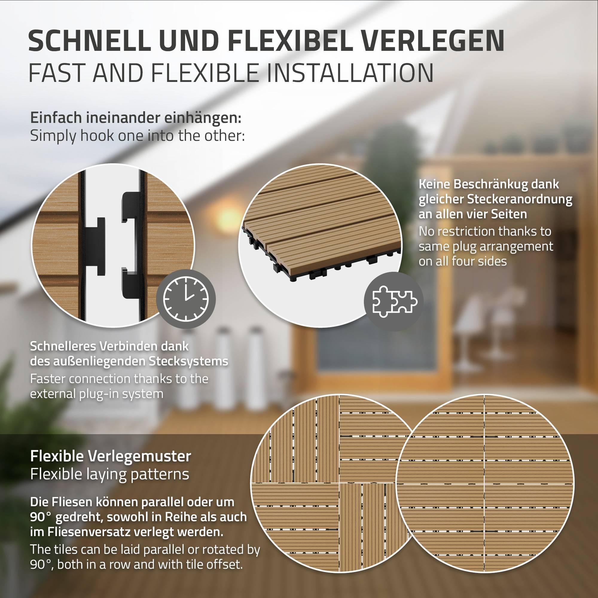 Ecd-Germany - Carreaux WPC aspect bois 60x30cm 1 m² dalles de sol teck - Imagen 5