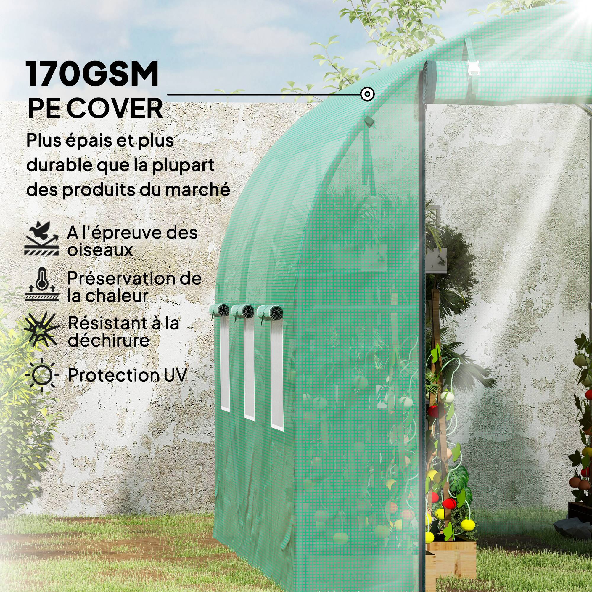 Outsunny - Serre tunnel de jardin 3x2x2m 6m² avec porte enroulable et 6 fenêtres maille acier galvanisé PE 170g/m² résistant UV vert - Outsunny - Image 4