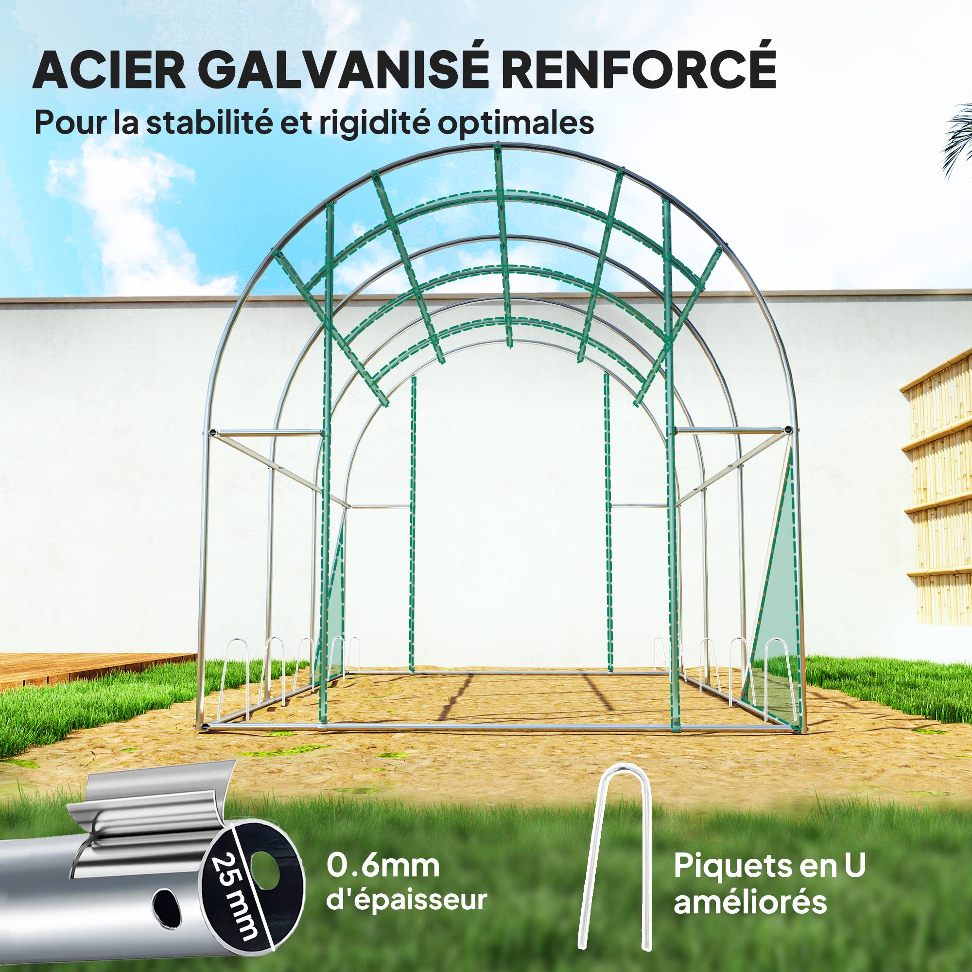 Outsunny - Serre tunnel de jardin 3x2x2m 6m² avec porte enroulable et 6 fenêtres maille acier galvanisé PE 170g/m² résistant UV vert - Outsunny - Image 5