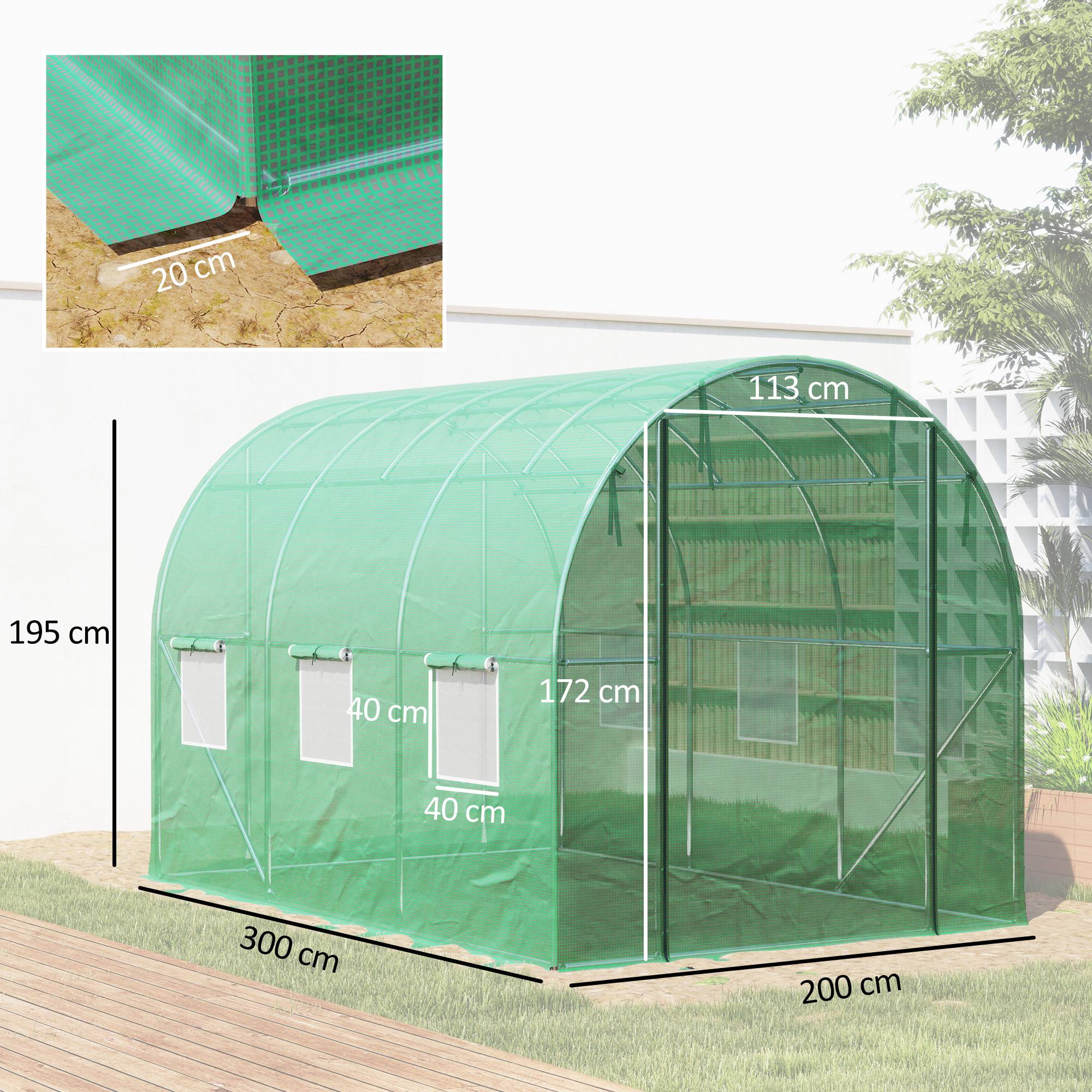 Outsunny - Serre tunnel de jardin 3x2x2m 6m² avec porte enroulable et 6 fenêtres maille acier galvanisé PE 170g/m² résistant UV vert - Outsunny - Image 3